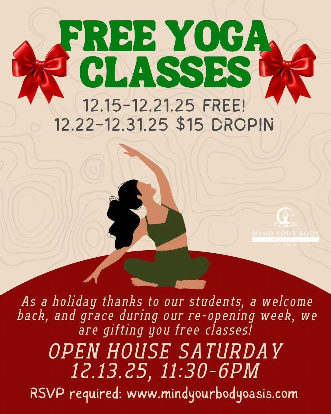 We have a gift for you!  Free yoga next week for our Re-Opening during the holidays!  And the rest of the month is $15 dropin! 
💝 
Come check out our space during our (soft) open house this Saturday (more parties in January to come) or during a work