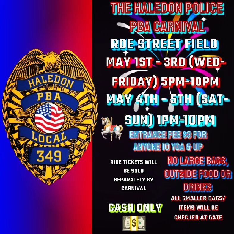 The Haledon Police PBA Annual Carnival is Here!

🎪 Carnival Event Alert! 🚨

Residents of Haledon, mark your calendars for the Haledon Police PBA Annual Carnival at Roe Street Field from Wednesday, May 1st to Sunday, May 5th. Be advised of road clos