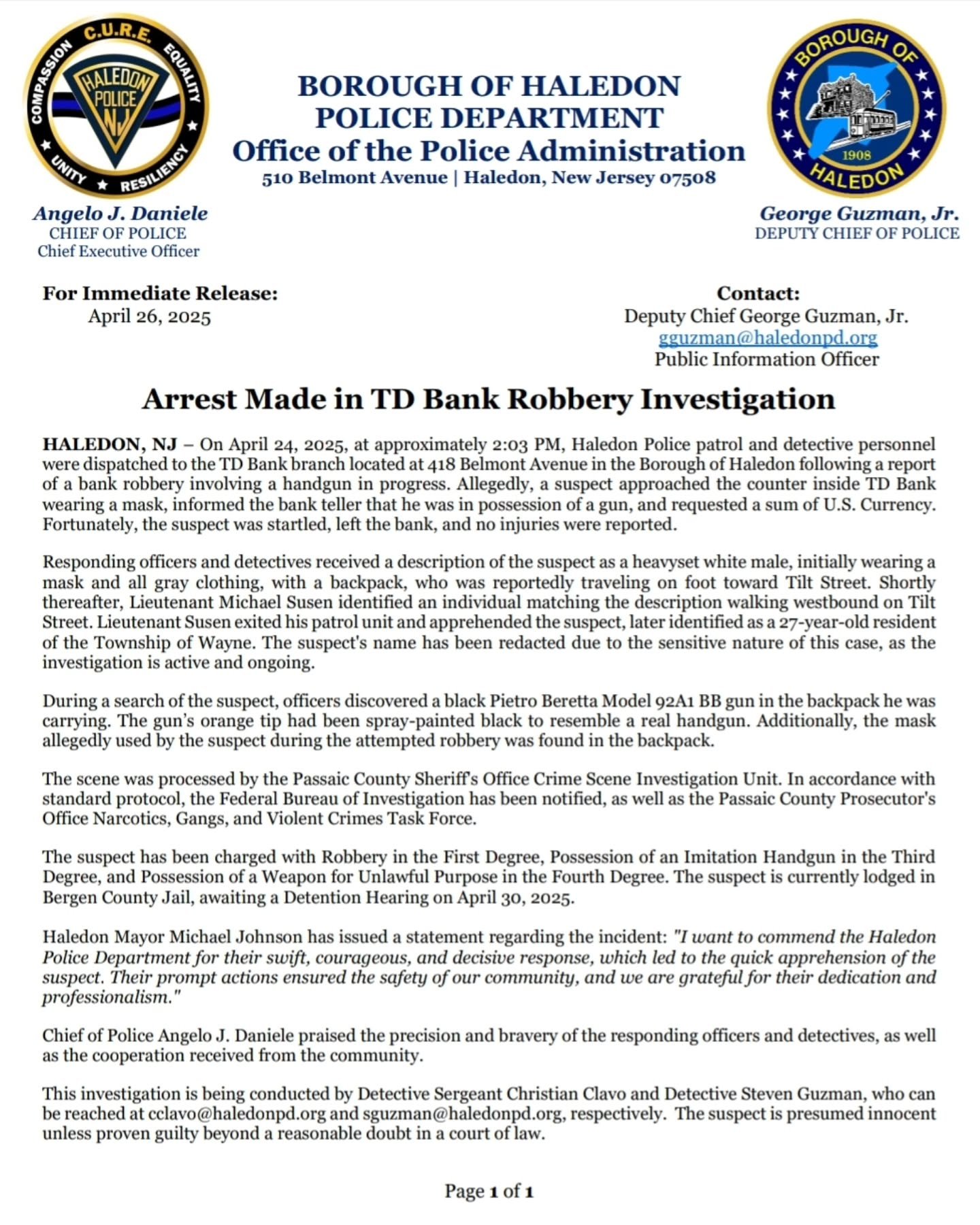 For Immediate Release

Arrest Made in TD Bank Robbery Investigation