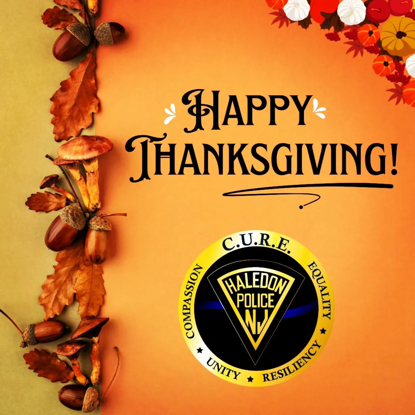 🍂 Happy Thanksgiving from your Haledon Police Department! 🍂

This Thanksgiving, we are thankful for the opportunity to serve and protect Haledon, and for the collaboration we've experienced with local organizations, businesses, school officials, an