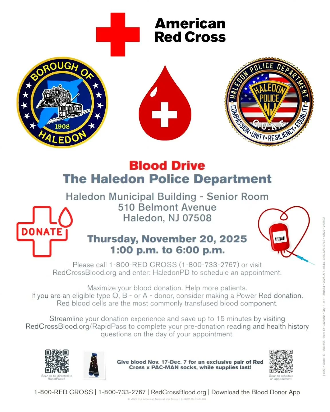🩸 Join Us for the Borough of Haledon Life-Saving Blood Drive! 🩸

The Haledon community is coming together to make a difference! Chief of Police Angelo J. Daniele and Deputy Chief of Police George Guzman, Jr., in cooperation with Mayor Michael Johns