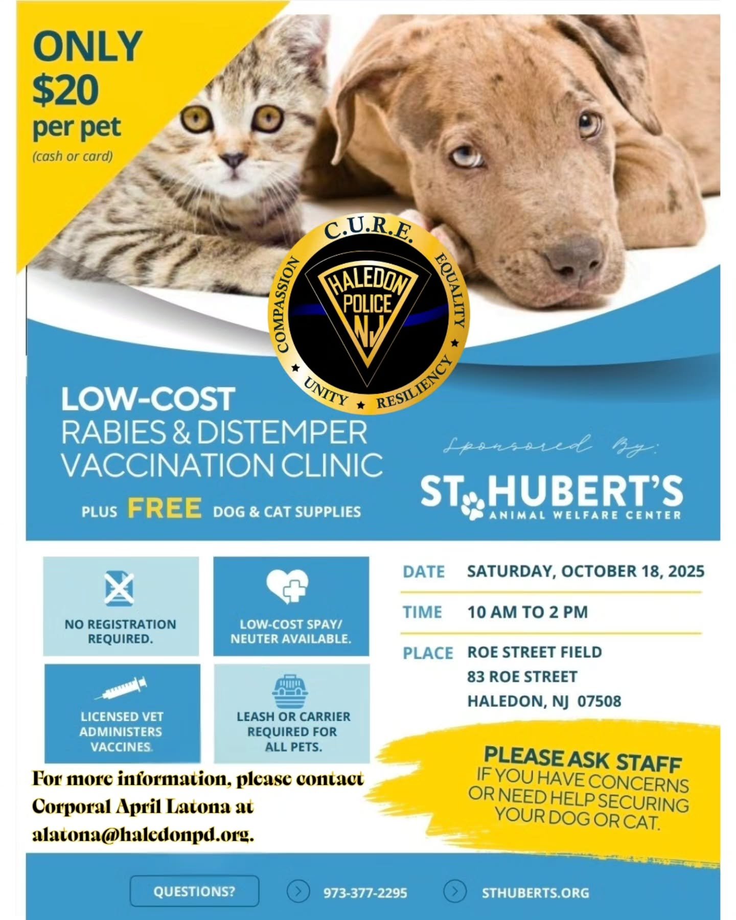 🐾 In cooperation with Mayor Michael Johnson, the Haledon Municipal Council, the Haledon Board of Health, and the Haledon Recreation Department, your Haledon Police Department is proud to partner with St. Hubert&rsquo;s Animal Welfare Center to host 