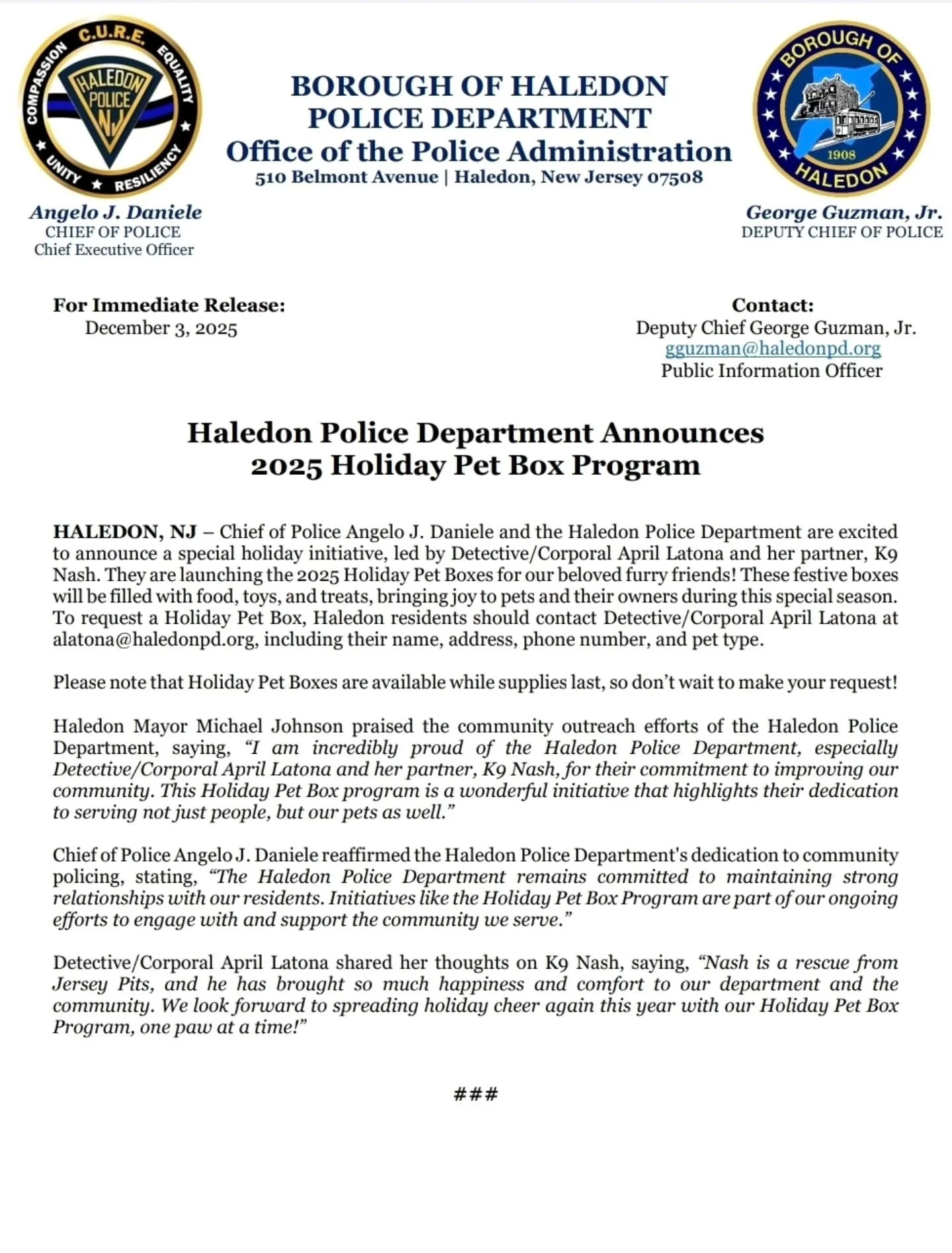 🎁🐾 2025 Haledon Police Department Holiday Pet Box Giveaway! 🐾🎁

Dear Haledon Residents, 

The Haledon Police Department is spreading cheer to our four-legged family members once again this holiday season! We&rsquo;re giving away FREE Holiday Pet 