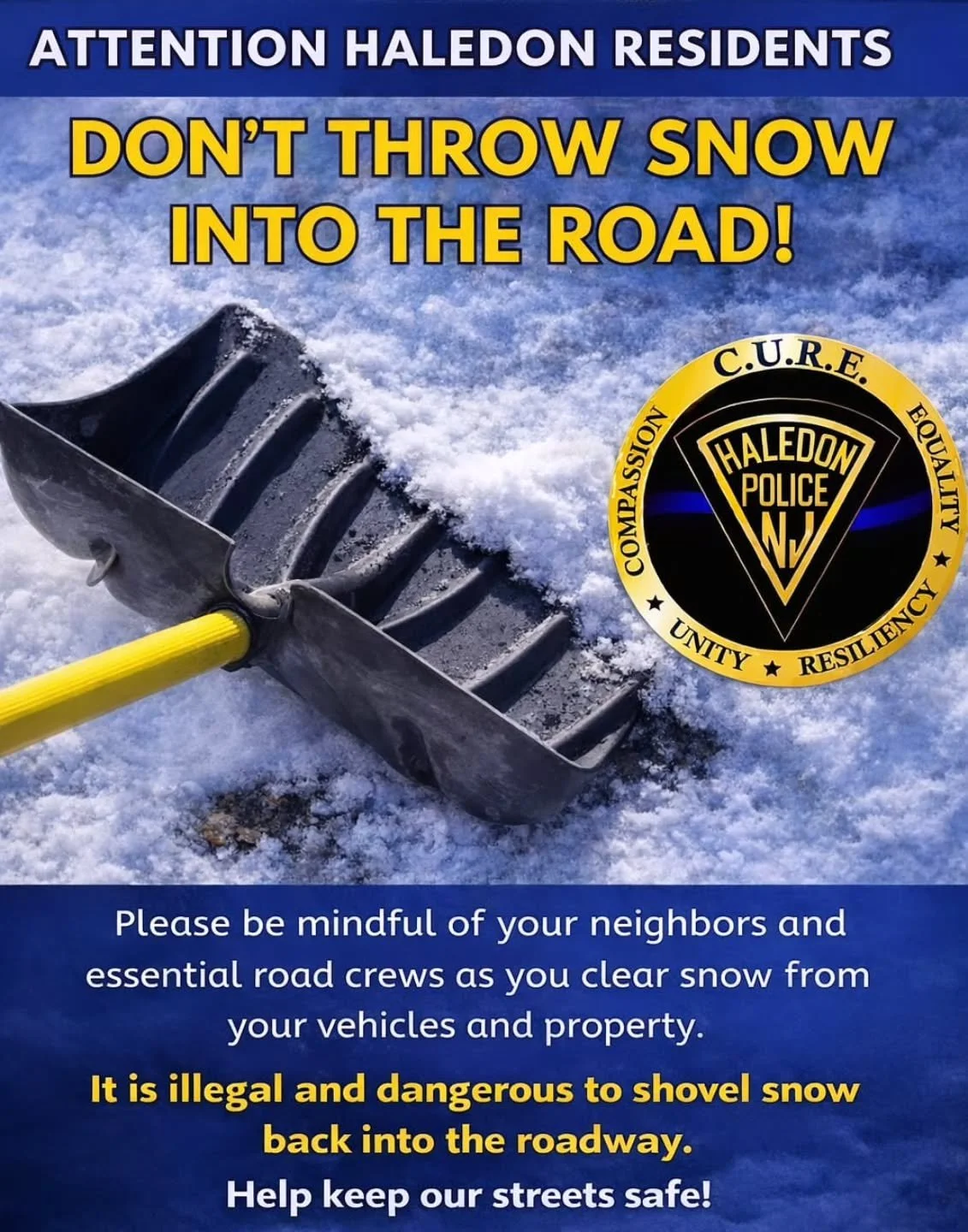 🌟 WINTER SAFETY REMINDER 🌟

A friendly reminder that shoveling or blowing snow into our roadways poses risks for everyone and can hinder the efforts of our dedicated snowplow operators and emergency responders. Please be aware that Code Enforcement