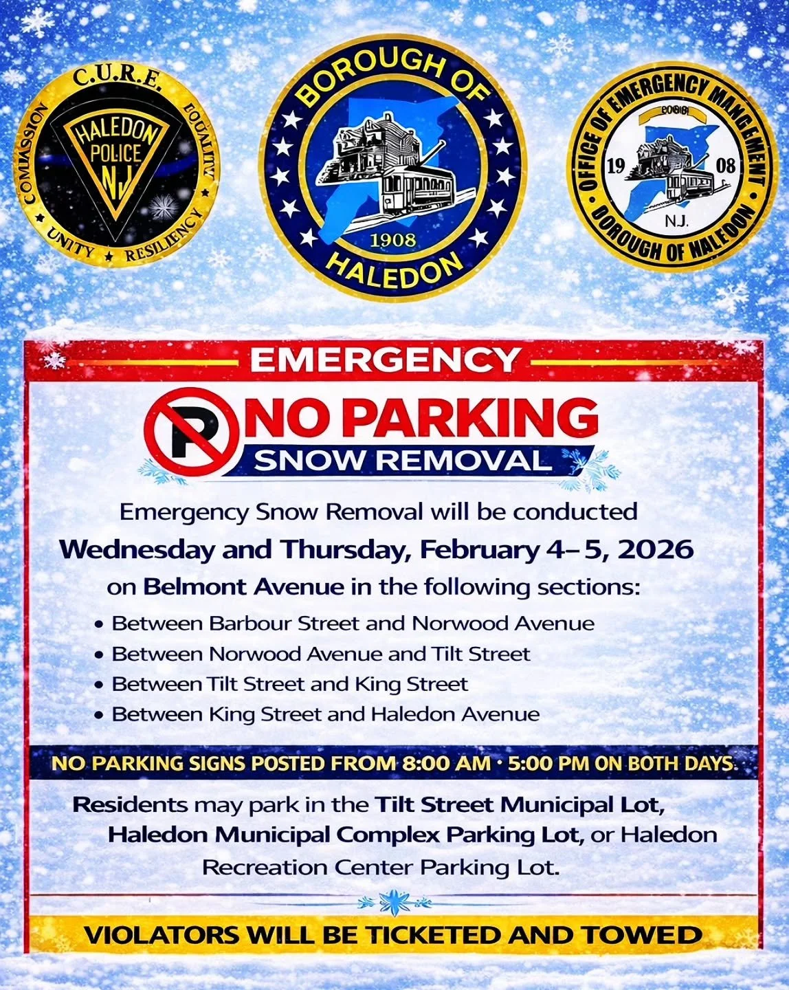 🚨 Winter Storm Recovery &ndash; Emergency Snow Removal 🚨

On behalf of Mayor Michael Johnson and the Haledon Municipal Council, please be advised that emergency snow removal operations will take place on Wednesday and Thursday, February 4&ndash;5, 