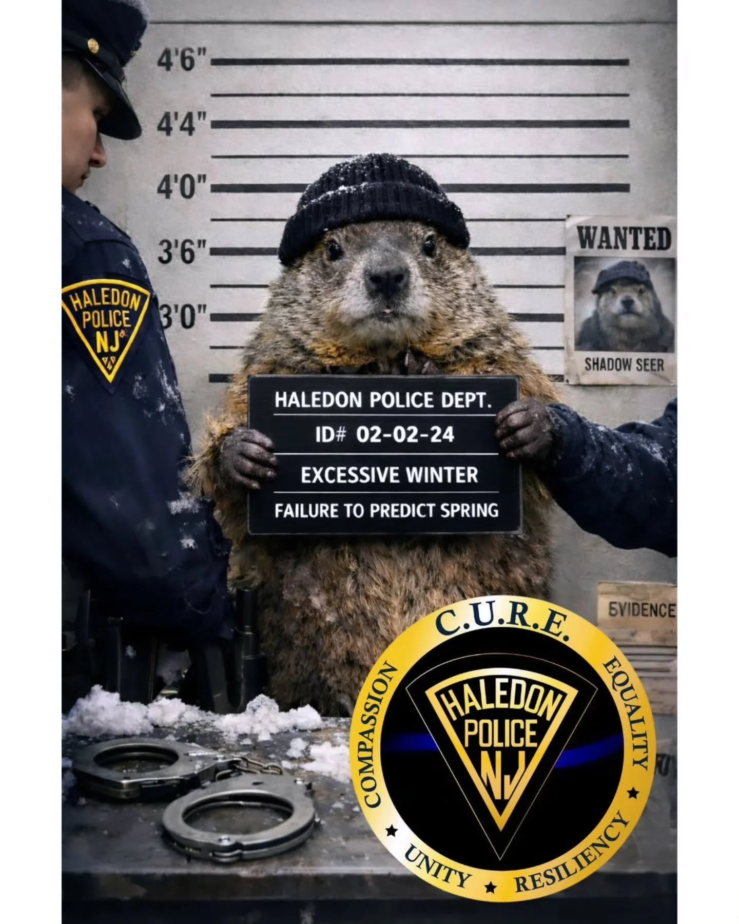 The Haledon Police Department is proud to report that we have successfully taken the groundhog suspect into custody.

The groundhog is currently being held on charges of Excessive Winter and Failure to Predict Spring.

Winter, however, remains at lar