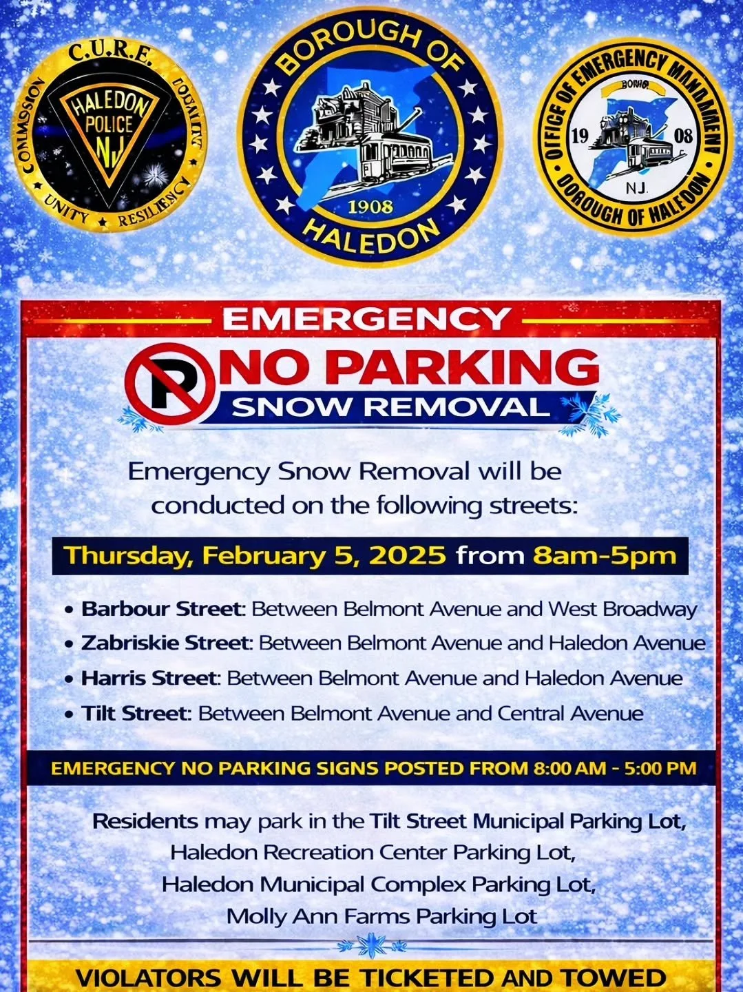 🚨 Winter Storm Recovery &ndash; Emergency Snow Removal 🚨

On behalf of Mayor Michael Johnson and the Haledon Municipal Council, please be advised that emergency snow removal operations will take place on Thursday, February 5, 2025, as crews work to