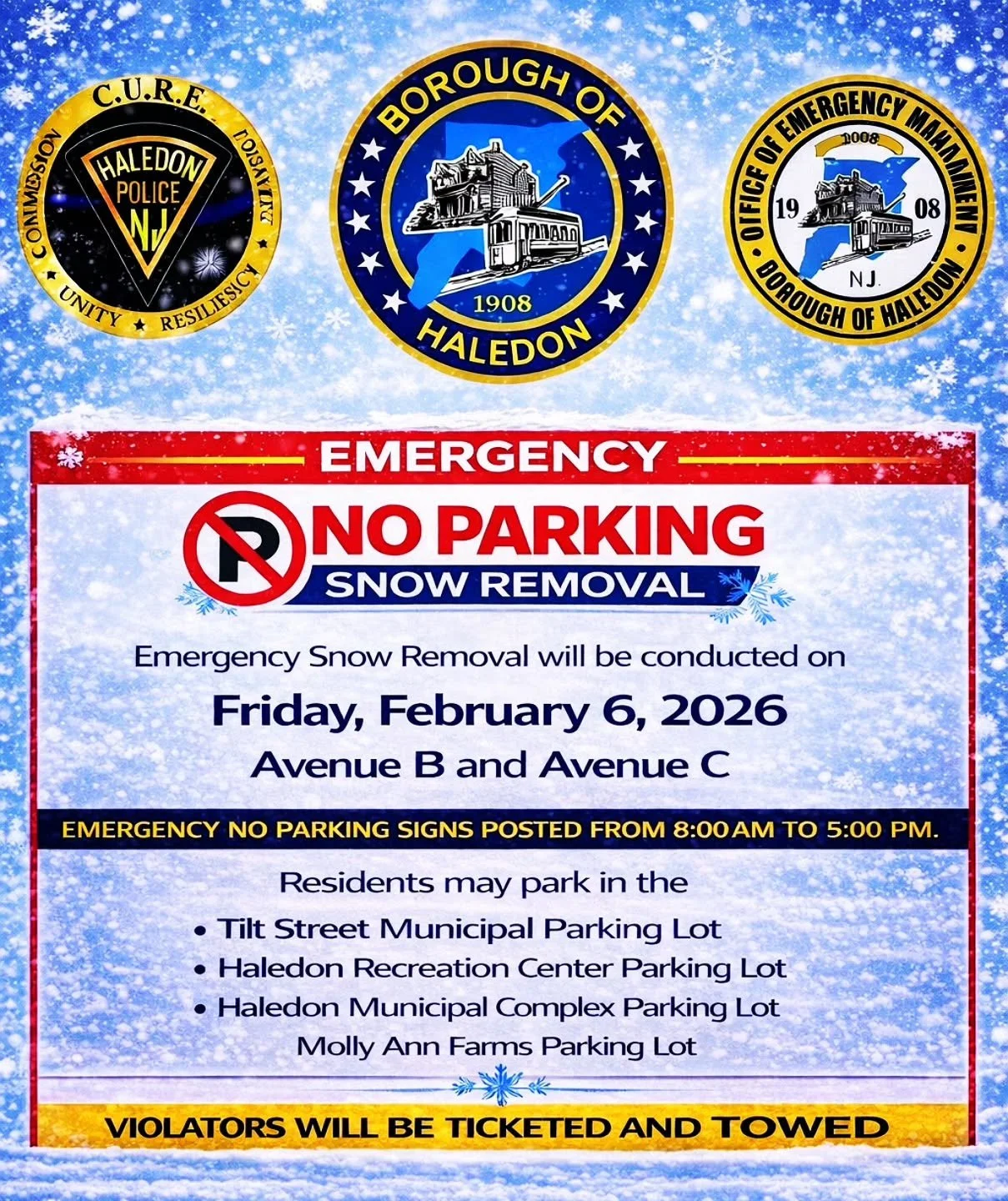 🚨 Winter Storm Recovery &ndash; Emergency Snow Removal 🚨

On behalf of Mayor Michael Johnson and the Haledon Municipal Council, please be advised that emergency snow removal operations will take place on Friday, February 6, 2026, as crews work to c