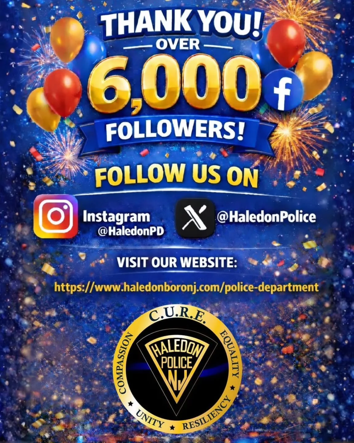 🎉 THANK YOU! 🎉

We&rsquo;re proud to have reached over 6,000 followers on Facebook and we couldn&rsquo;t have done it without the continued support from our community.

Stay connected with the Haledon Police Department by also following us on Insta