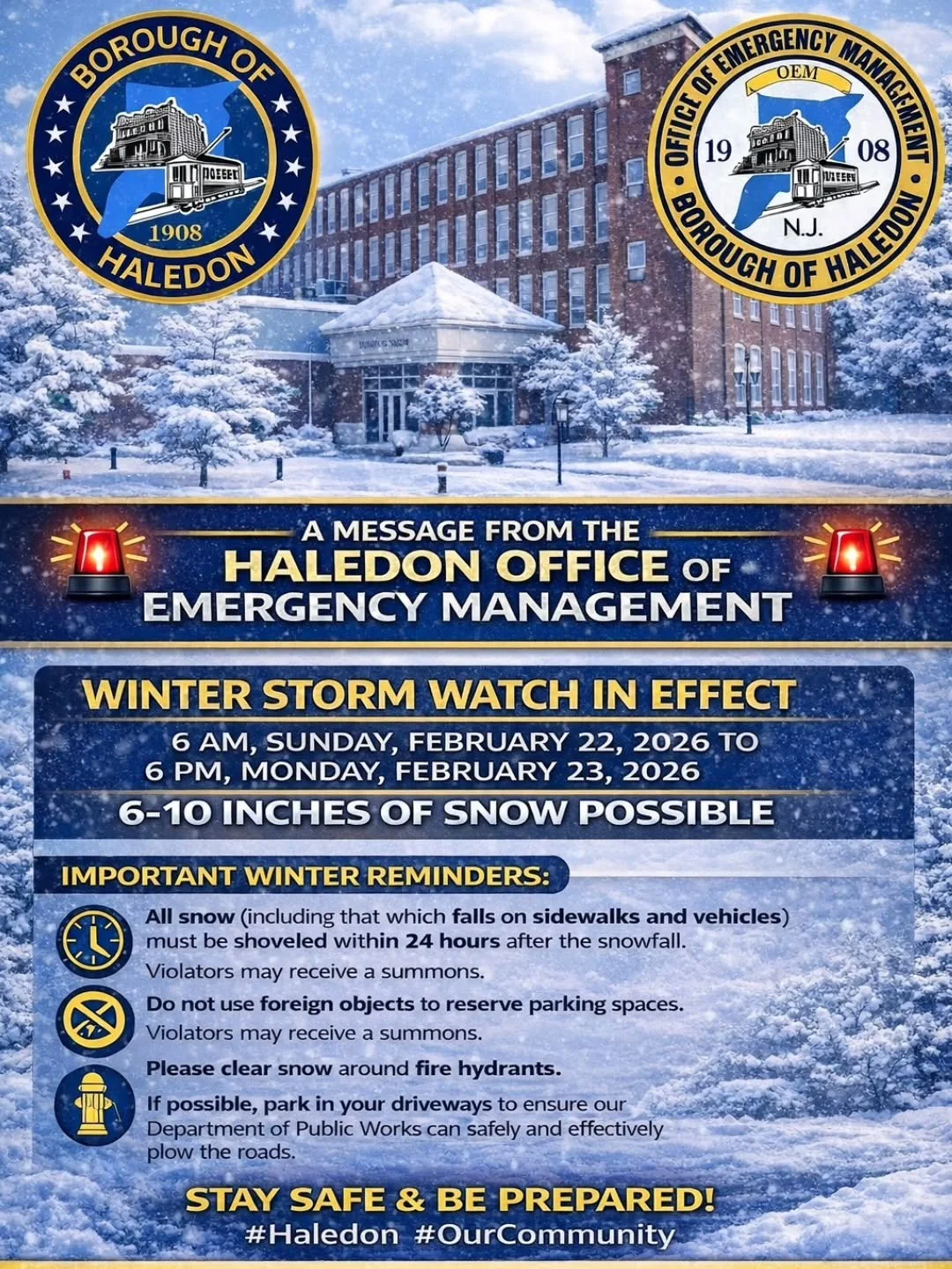 🚨 Winter Storm Watch Alert 🚨

A Message from the Haledon Office of Emergency Management

On behalf of Mayor Michael Johnson, Haledon Emergency Management Coordinator Carlos Aymat, Chief of Police Angelo J. Daniele, and Fire Chief Tom Bakker, we wan