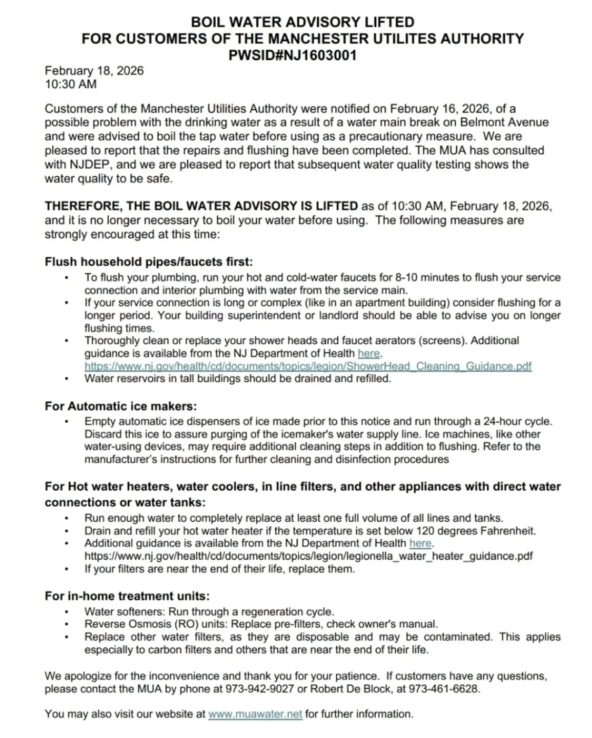 Please be advised that the Boil Water Advisory issued by the Manchester Utilities Authority has been officially lifted. 

#Haledon
