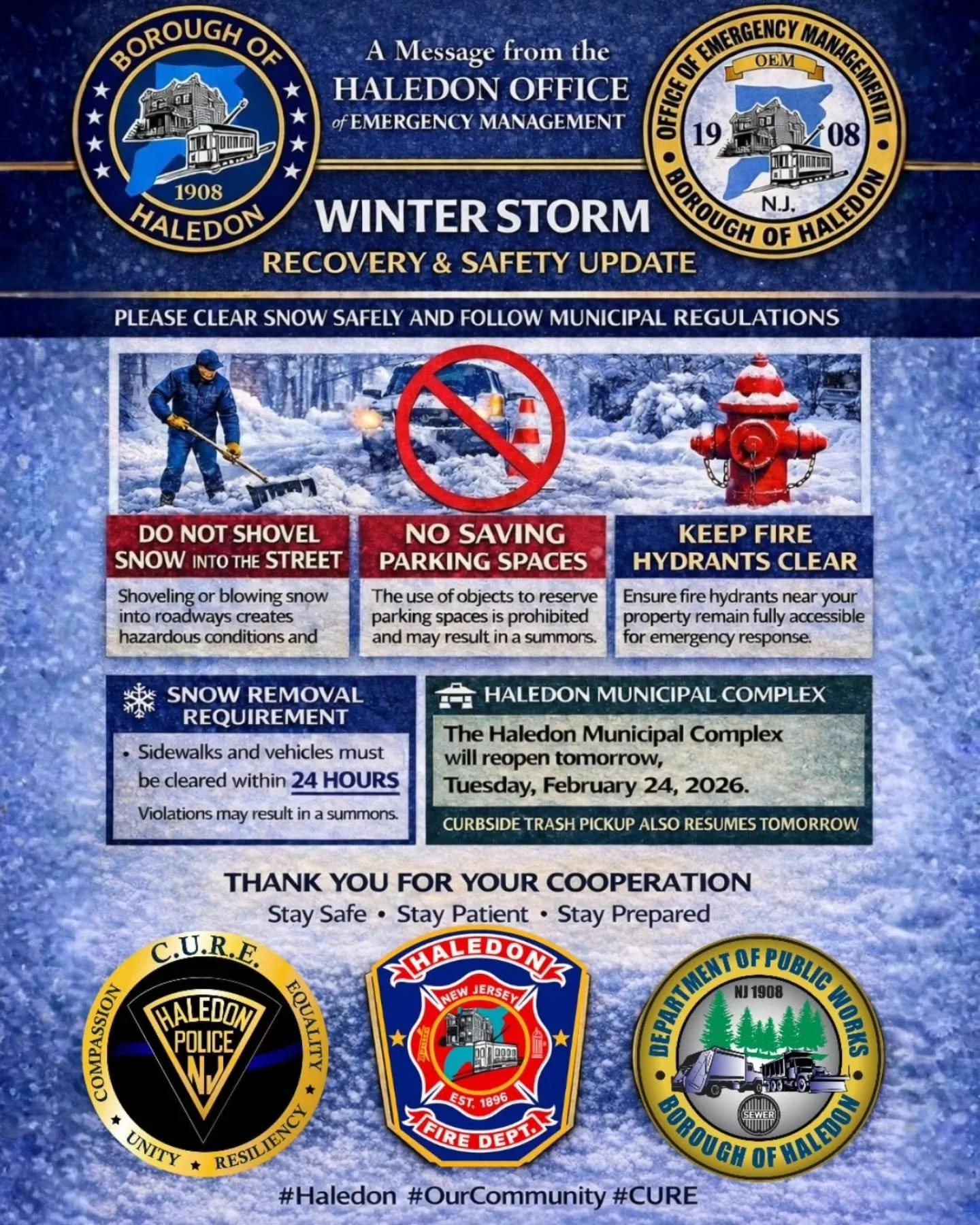 🌟 WINTER STORM RECOVERY &amp; SAFETY UPDATE 🌟

Haledon Office of Emergency Management

On behalf of Mayor Michael Johnson and Emergency Management Coordinator Carlos Aymat, thank you for your patience as recovery continues.

❄️ Do NOT throw or blow