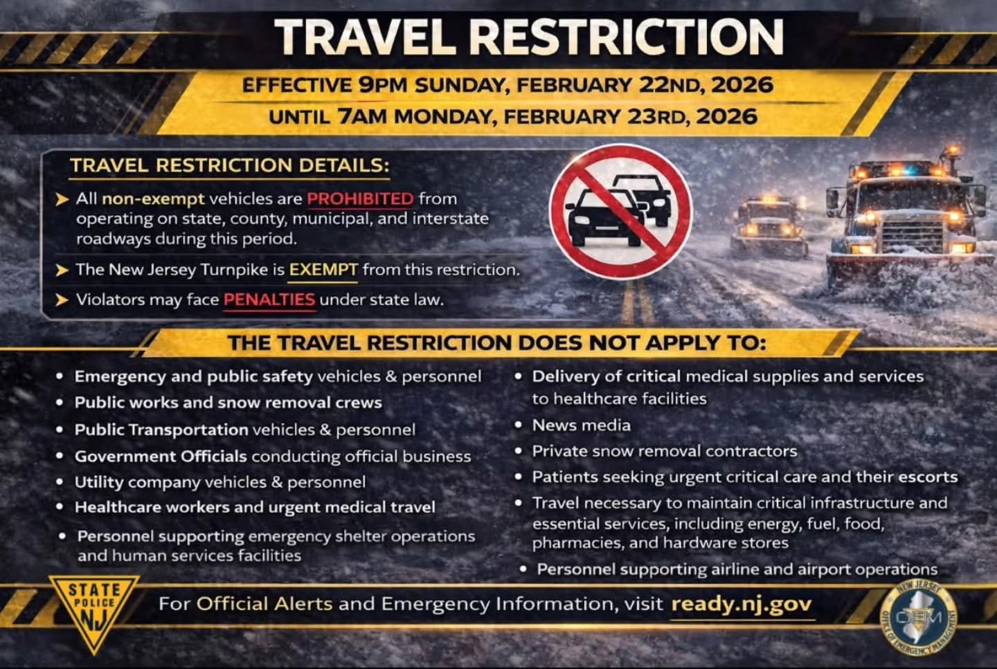 An Update from the Haledon Office of Emergency Management 

MANDATORY TRAVEL RESTRICTION - STATE OF EMERGENCY IN EFFECT&nbsp;- BLIZZARD WARNING 

The State of New Jersey Office of Emergency Management has issued a&nbsp;mandatory travel restriction, w