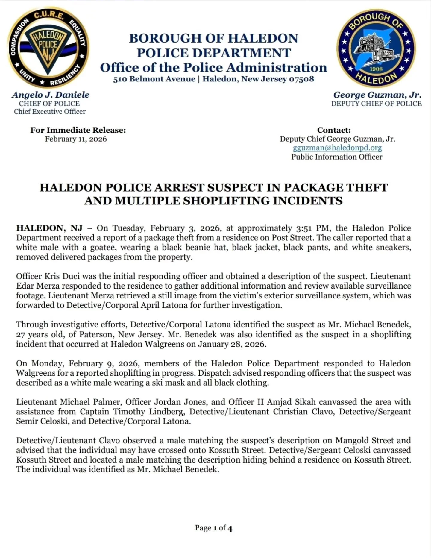 For Immediate Release

Haledon Police Arrest Suspect in Package Theft and Multiple Shoplifting Incidents 

#Haledon #OurCommunity #CURE
