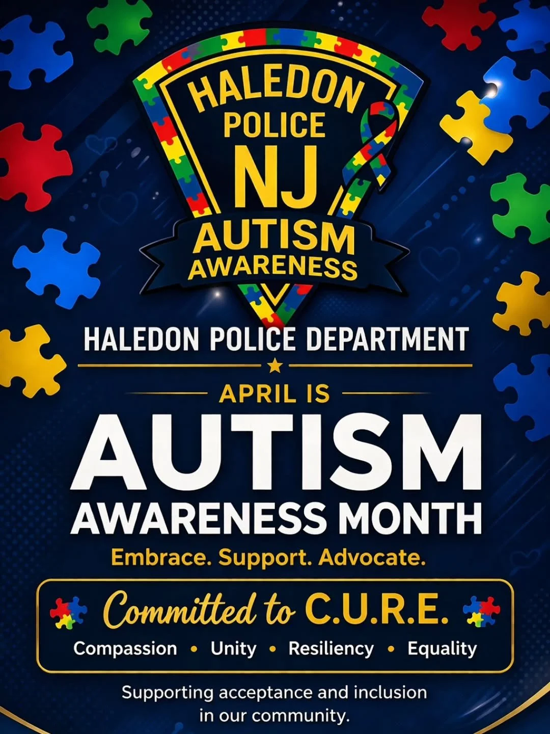 The Haledon Police Department proudly recognizes Autism Awareness Month!

We are committed to C.U.R.E. Compassion, Unity, Resiliency, and Equality as we continue to support individuals and families in our community.

💙 A Call to Action! 💙

The Hale