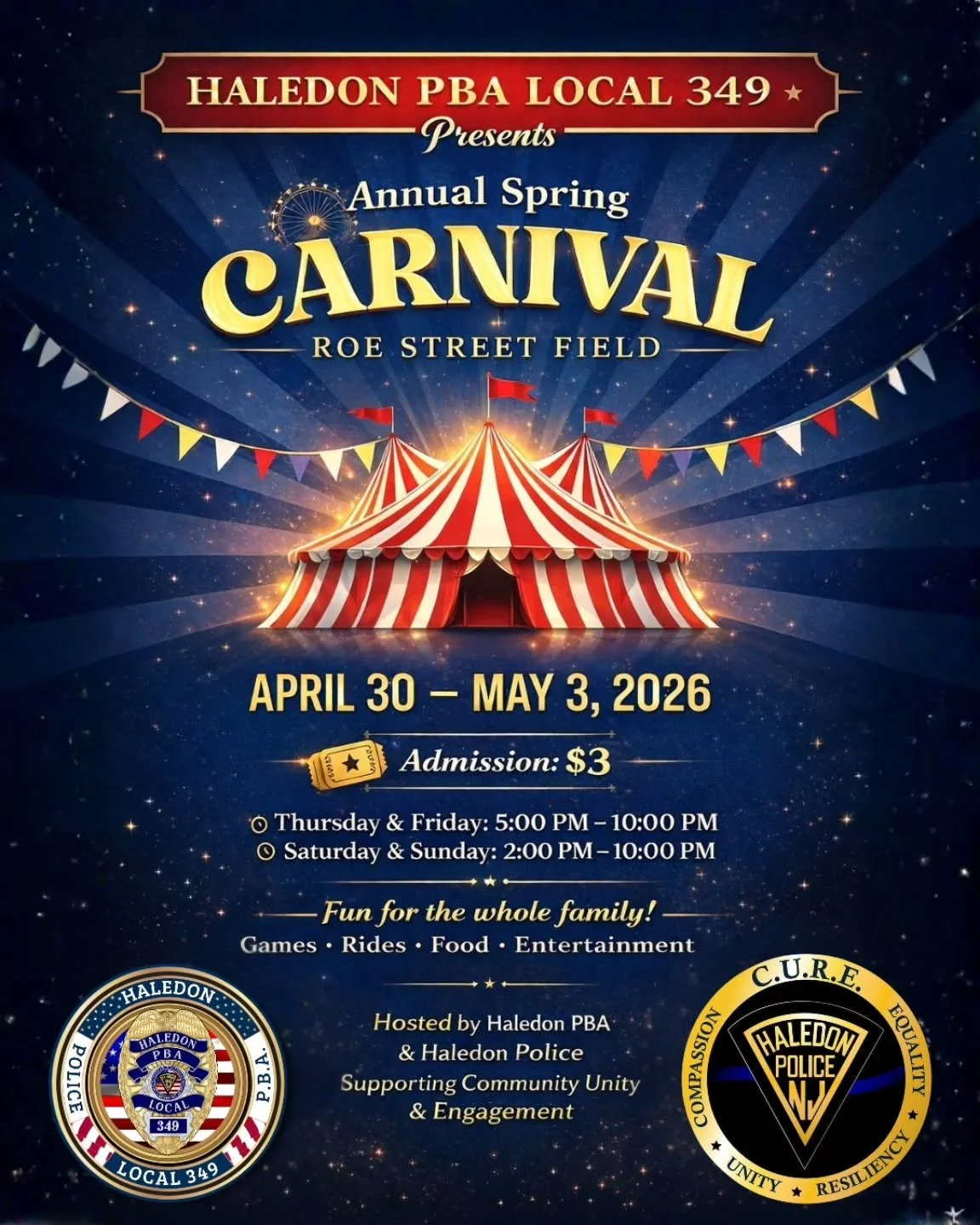The Haledon Police PBA Local 349 Annual Carnival is Here!

🎪 Carnival Event Alert! 🚨

Residents of Haledon, please mark your calendars for the Haledon Police PBA Local 349 Annual Carnival at Roe Street Field from Thursday, April 30, 2026, to Sunday