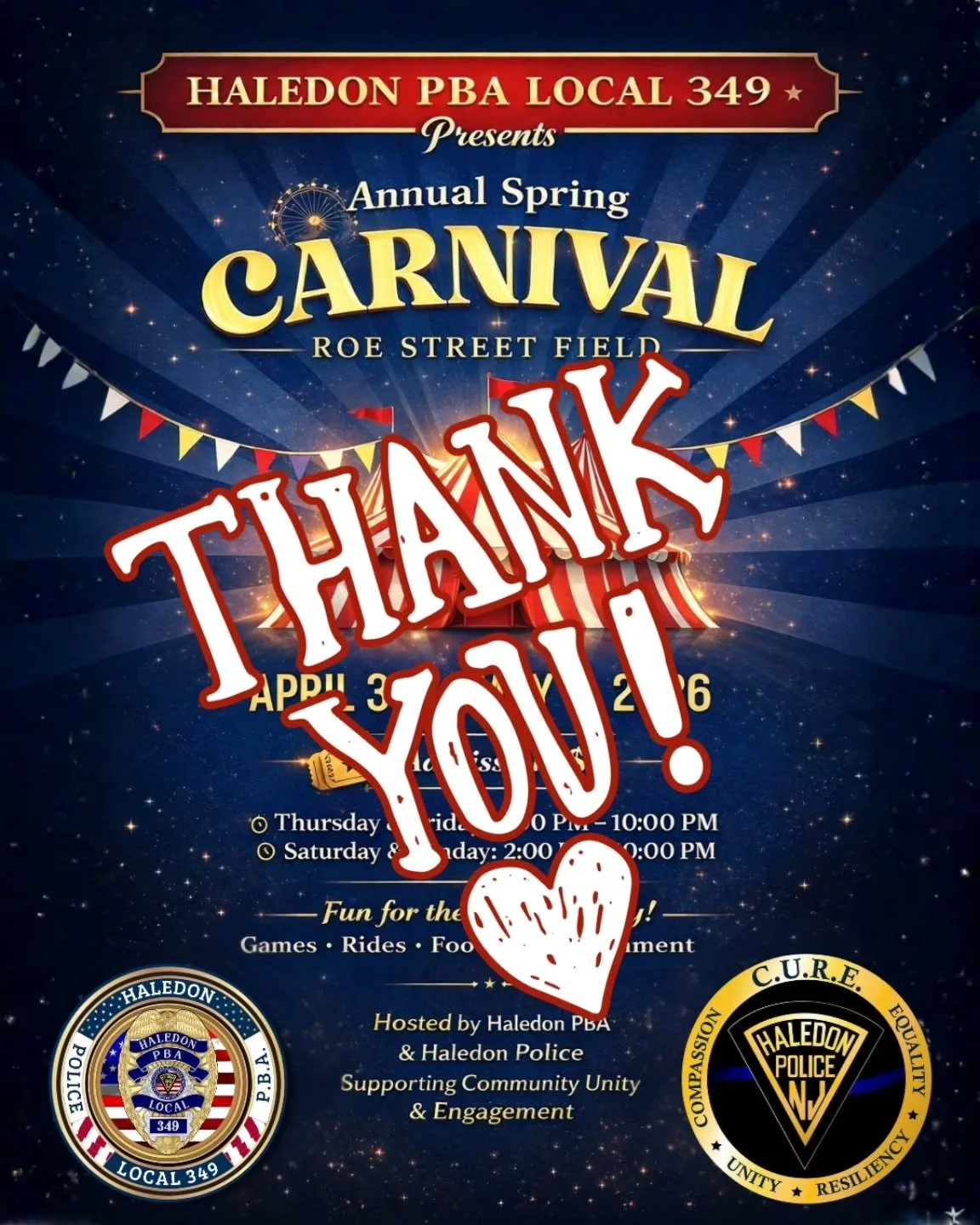 Chief of Police Angelo J. Daniele, Deputy Chief George Guzman, Jr., and the Office of the Police Administration would like to extend their heartfelt gratitude to Haledon P.B.A. Local 349 President Omar Zadeh, the Executive Board, and all the selfless