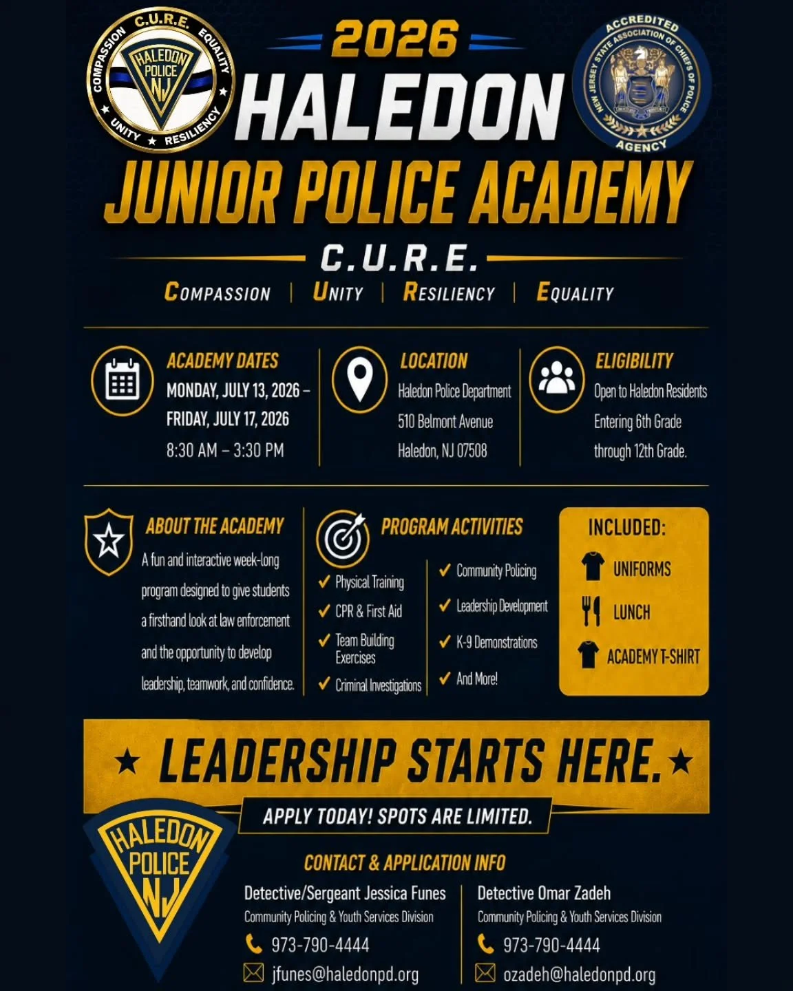 🚨 NOW ACCEPTING APPLICATIONS 🚨

The Haledon Police Department is proud to announce that applications are now open for the 2026 Haledon Junior Police Academy! 

This exciting week-long program gives students the opportunity to experience firsthand w