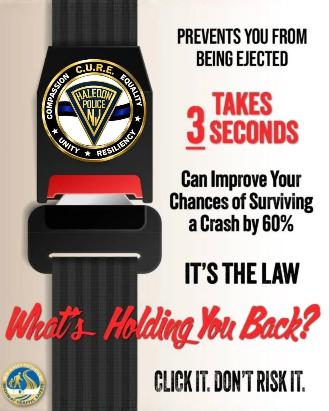 Click It or Ticket!

Seat belts take only seconds to buckle, but they can make the difference between life and death in a crash.

You can&rsquo;t control the road or the actions of other drivers, but you can protect yourself and your passengers. 

Ev