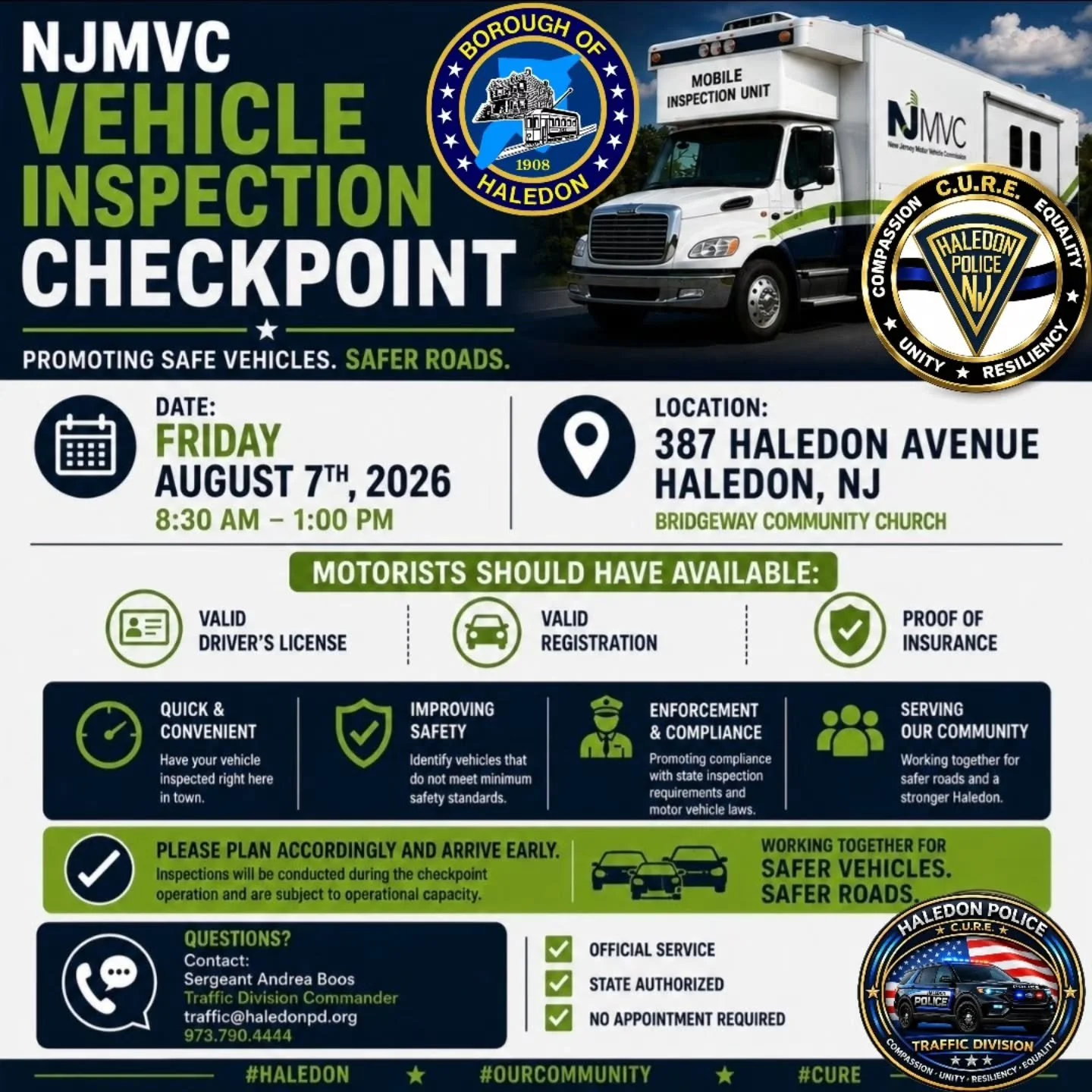 🚔 NJMVC VEHICLE INSPECTION CHECKPOINT 🚔

On behalf of Chief of Police Angelo J. Daniele and Deputy Chief of Police George Guzman, Jr., please be advised that the Haledon Police Department's Traffic Division, in cooperation with the New Jersey Motor