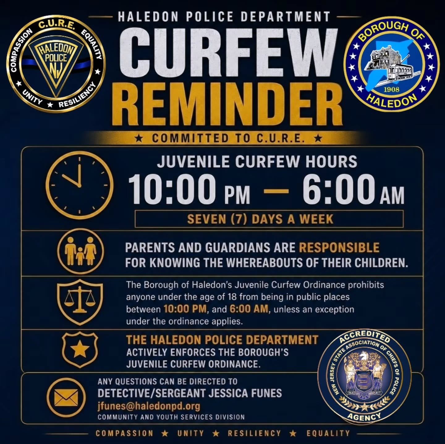 🚨 HALEDON CURFEW REMINDER 🚨

The Haledon Police Department reminds all residents that the Borough's Juvenile Curfew Ordinance is in effect.

🕙 Haledon Curfew Hours:
10:00 PM &ndash; 6:00 AM
Applies to all persons under the age of 18.

Parents and 