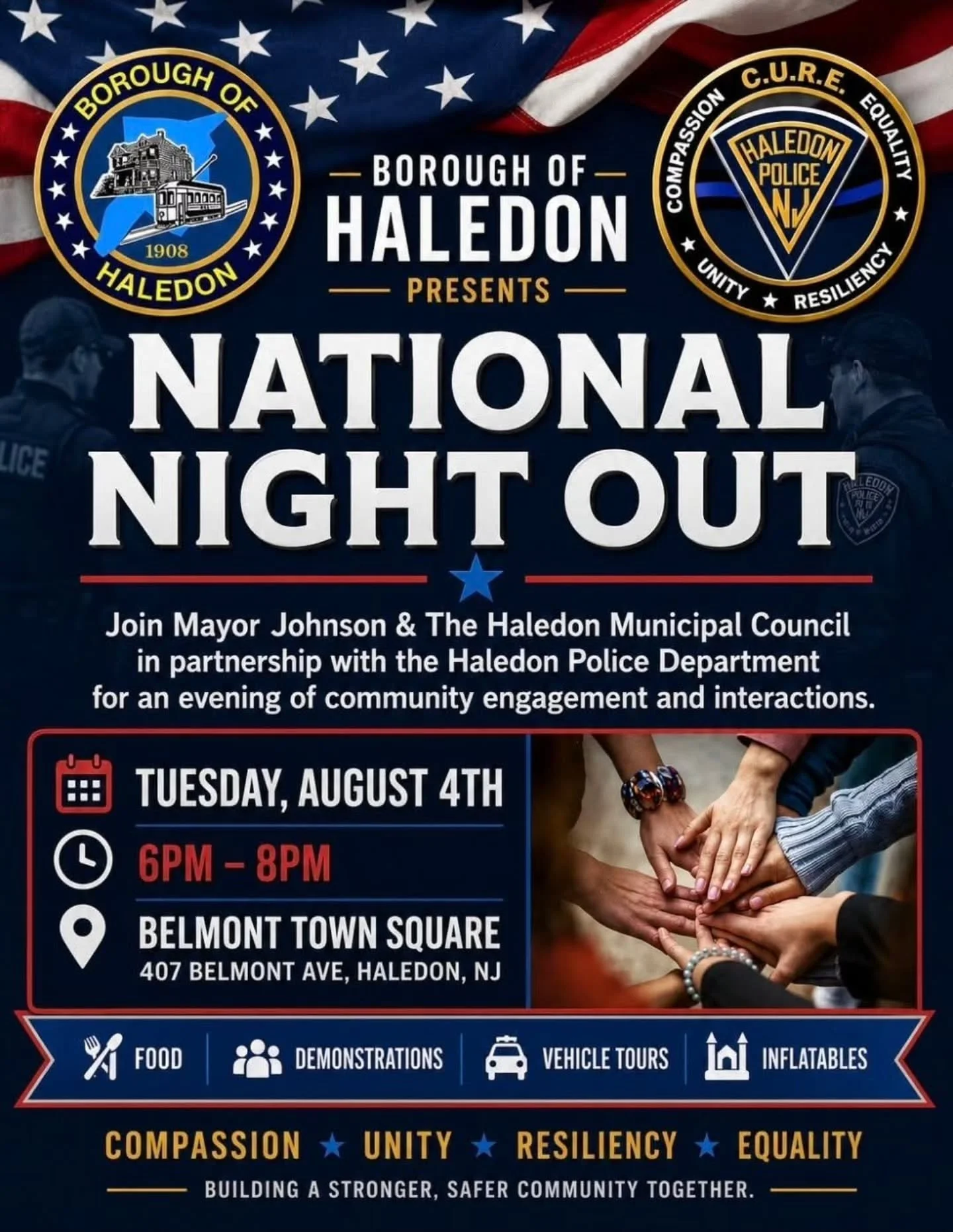 🎉 Join Us for National Night Out Against Crime! 🚔🇺🇸

The Borough of Haledon, in partnership with the Haledon Police Department and Haledon Police P.B.A. Local 349, invites you to an evening of community, connection, and fun at National Night Out!
