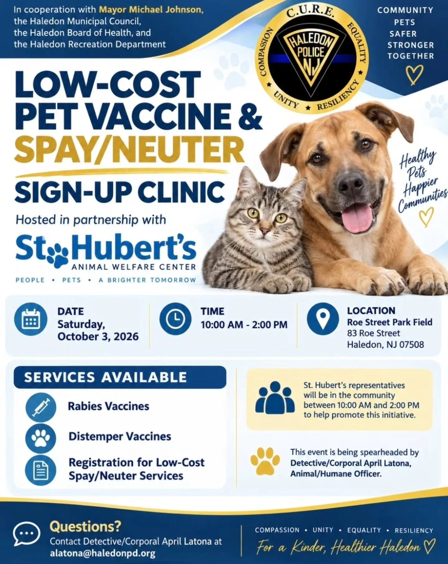 🐾 HALEDON PET VACCINE &amp; SPAY/NEUTER SIGN-UP CLINIC 🐾

In cooperation with Mayor Michael Johnson, the Haledon Municipal Council, the Haledon Board of Health, and the Haledon Recreation Department, your Haledon Police Department is proud to partn