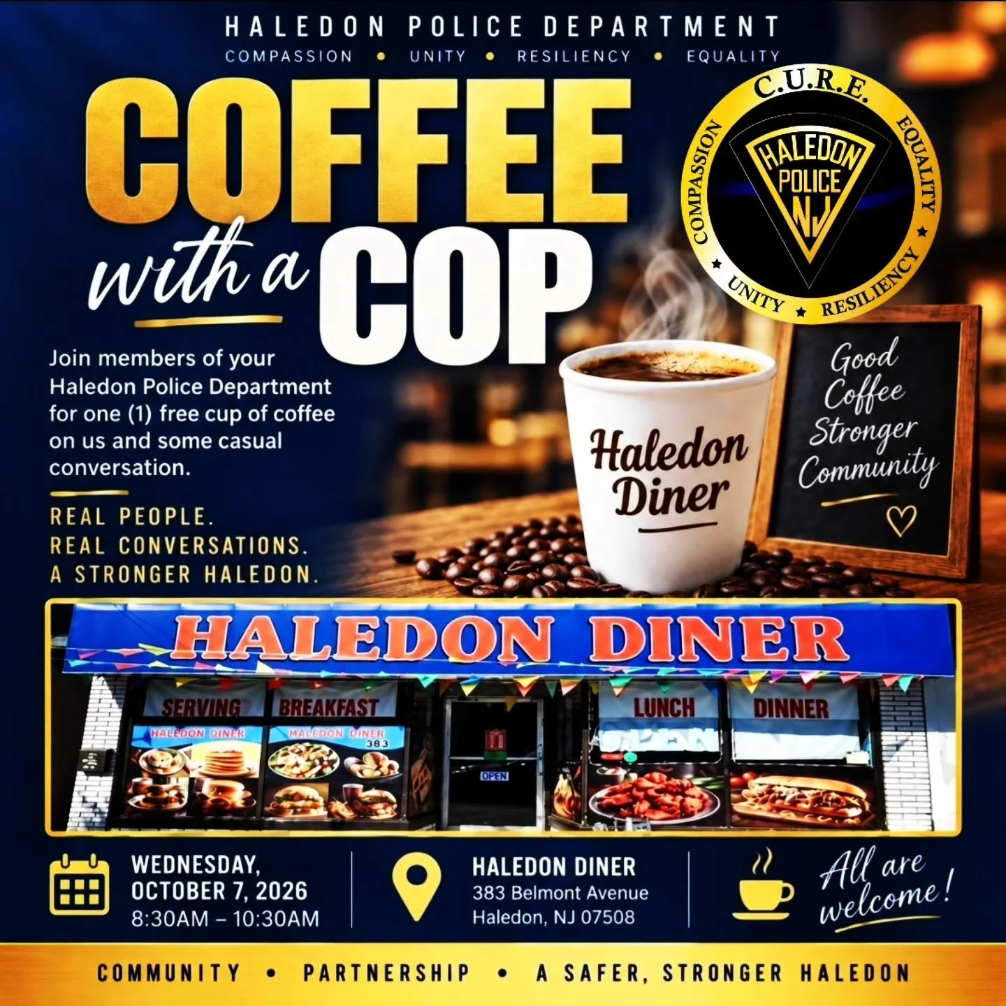 ☕🚔 Join us for National Coffee with a Cop Day! 🚔☕

Mark your calendars for Wednesday, October 7, 2026, from 8:30 AM to 10:30 AM! We invite you to stop by the Haledon Diner located at 383 Belmont Avenue, Haledon, NJ 07508. 

This is a great opportun