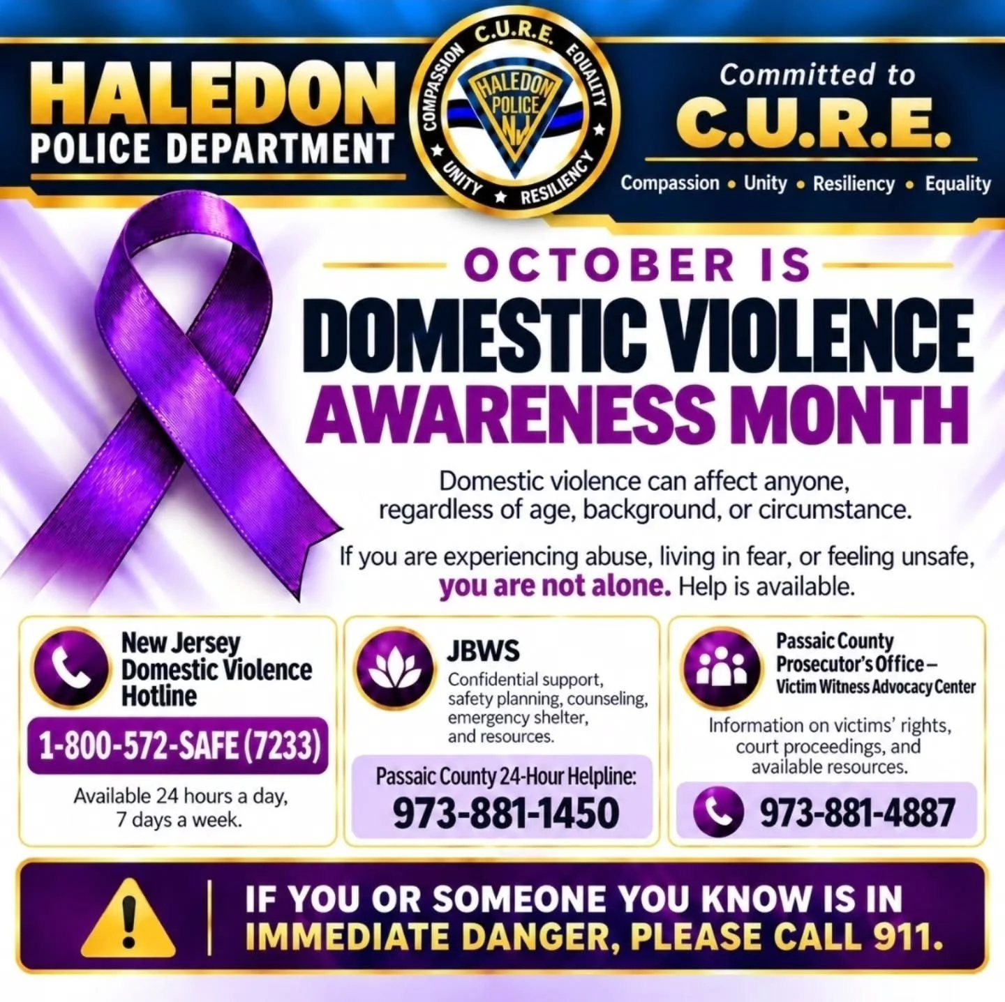 💜 OCTOBER IS DOMESTIC VIOLENCE AWARENESS MONTH 💜

Throughout October, the Haledon Police Department reaffirms our commitment to the safety of those affected by domestic violence.

Domestic violence can affect anyone, regardless of age, background, 