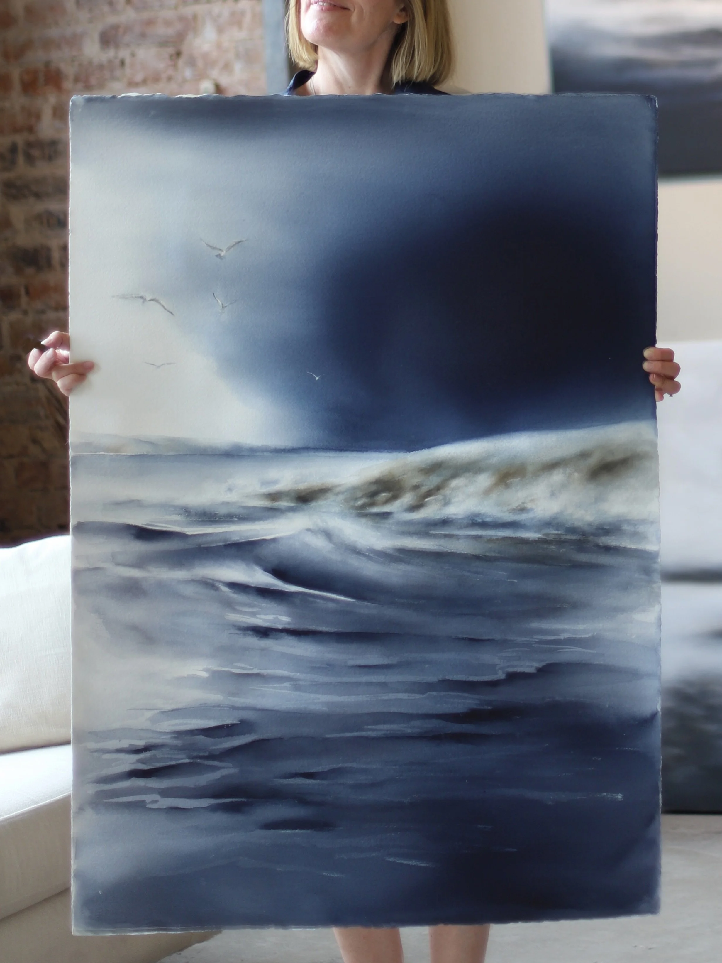 One in watercolor, one in acrylic on canvas. Same sea, same blues, same waves but different feel entirely. Which is your favorite? 🌊