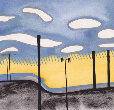 Gold Sky and Lamps (17), goache, 18 x 18.25 cm