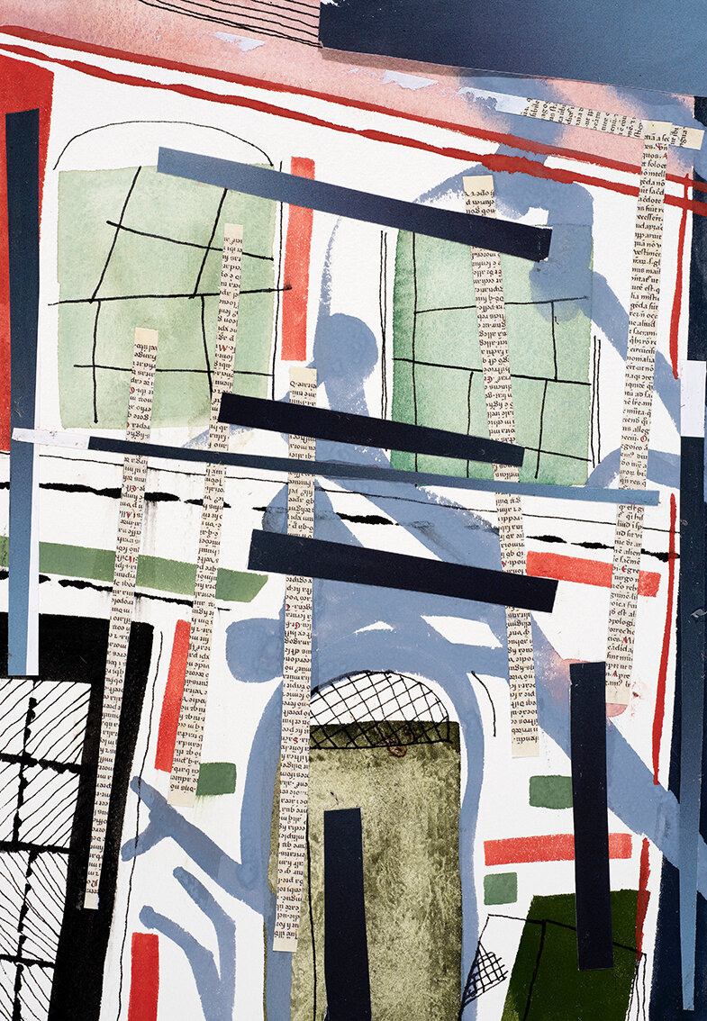 Evocations, tree plus window, gouache &amp; collage, 26 x 18, 2020