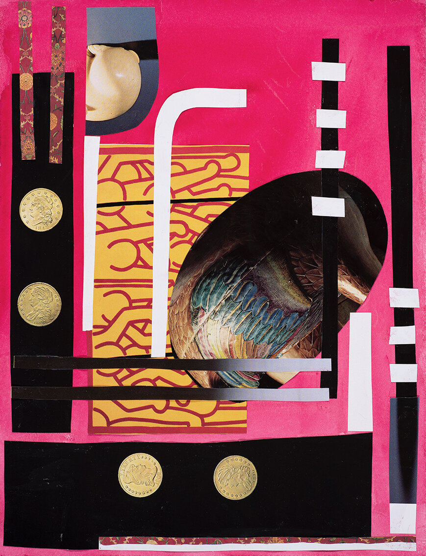Evocations, collage w coins, window, gouache &amp; collage, 31 x 24 cm, 2020