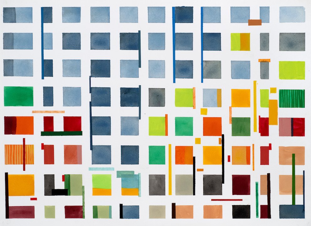 Fragments, lockdown evocation, urban autumn street, gouache, 56 x 75 cm, 110.2021