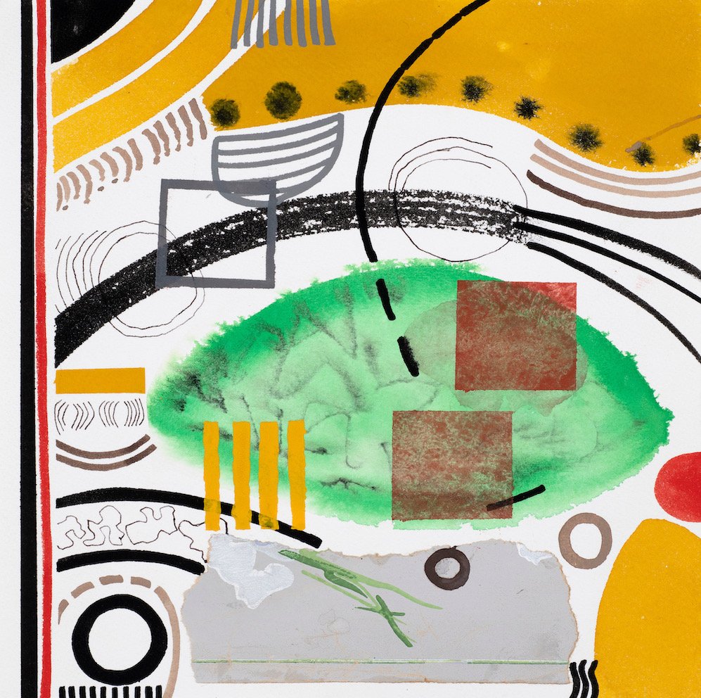 Fragments, Green eye collage, gouache &amp; collage, 23 x 23 cm, 121.2021