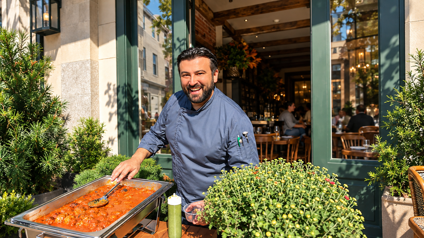 Smiling Chef Serving Meatballs Outdoors.png