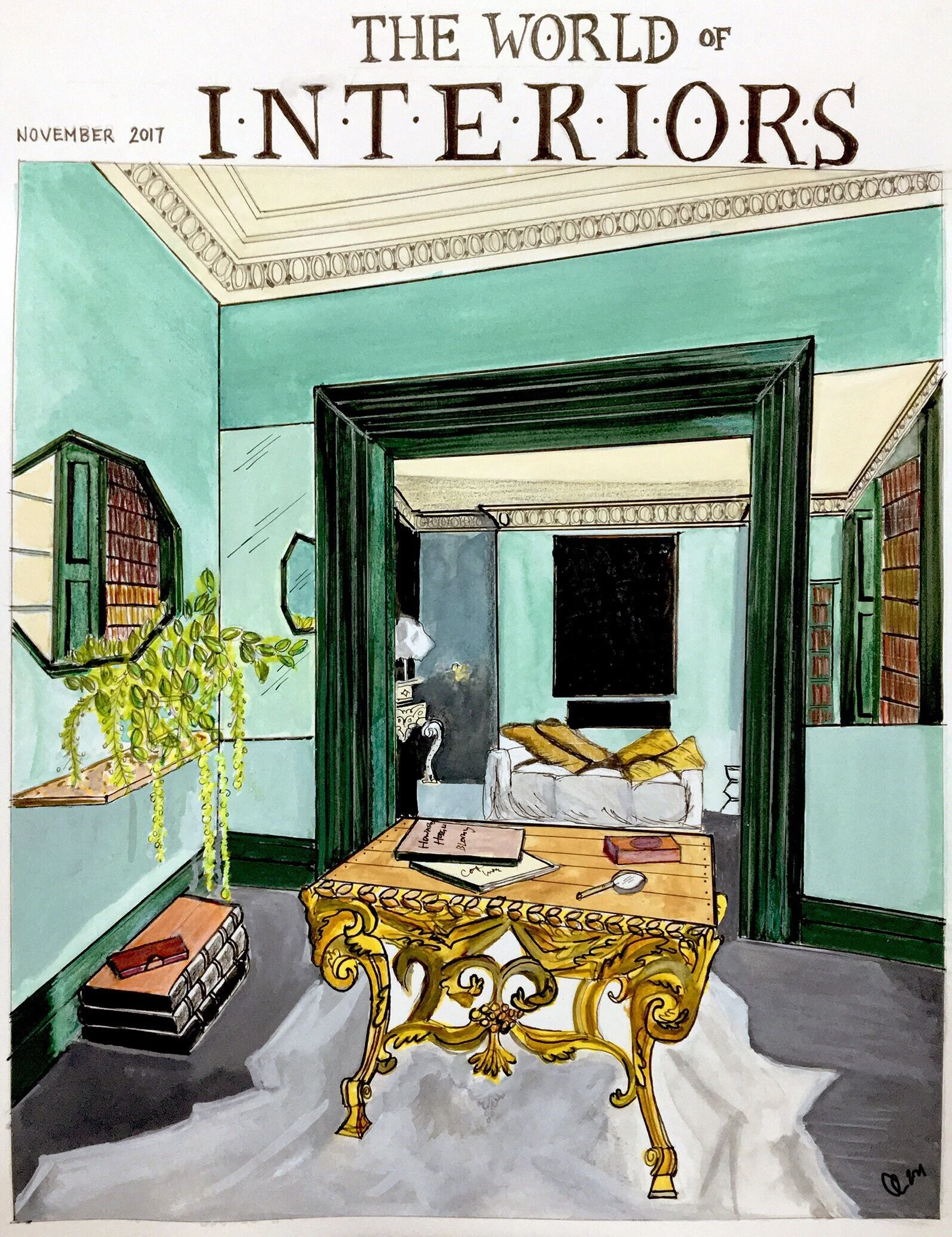 Gouache, watercolor, marker & color pencil portrait by STUDIO AU GANT of The World of Interiors magazine's November 2017 cover.  