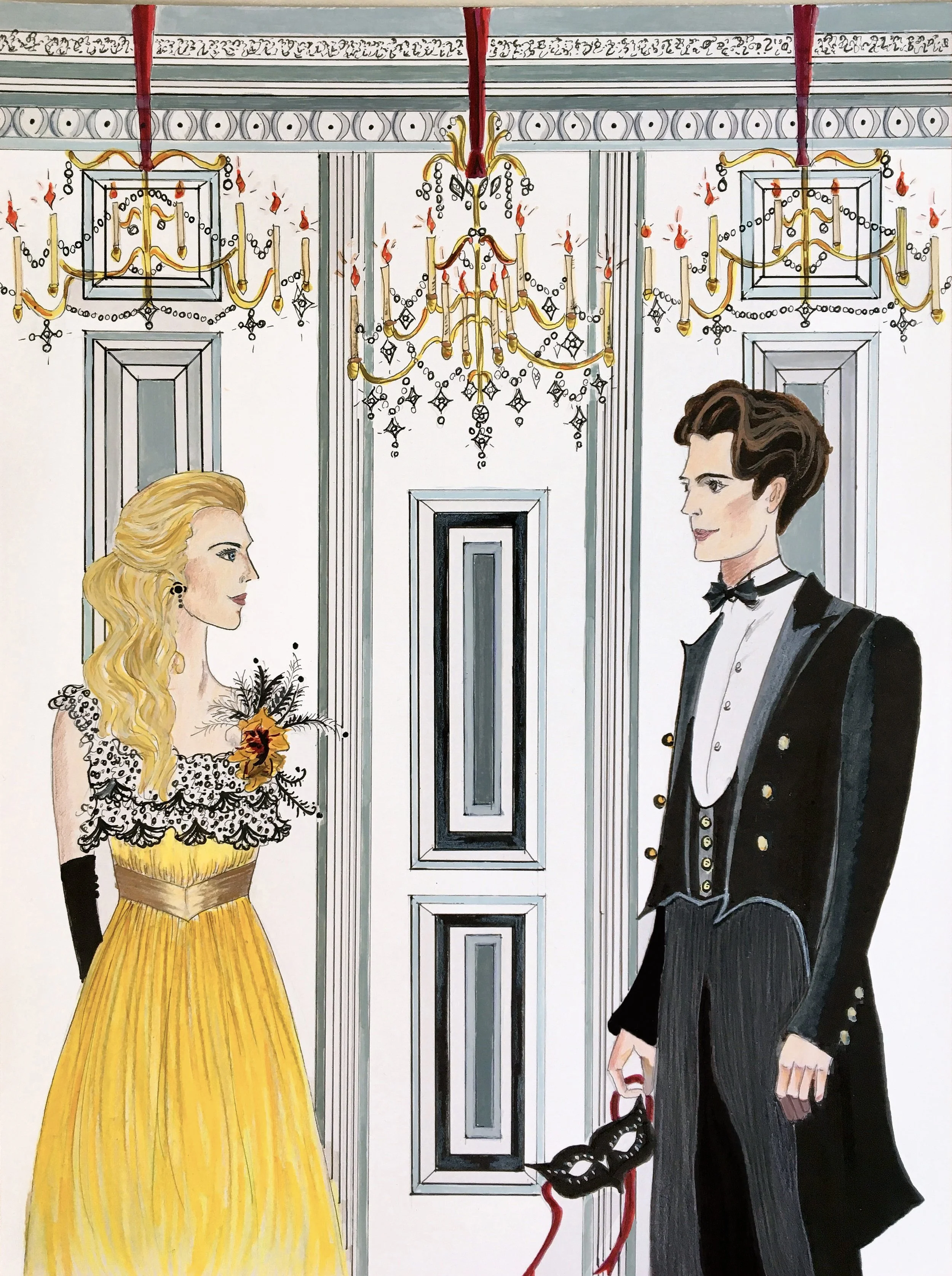 "At the Masked Ball."  Based on a scene in the original 2011-13 TV series "Gran Hotel" by Bambú Producciones. Gouache, watercolor, ink portrait by STUDIO AU GANT.