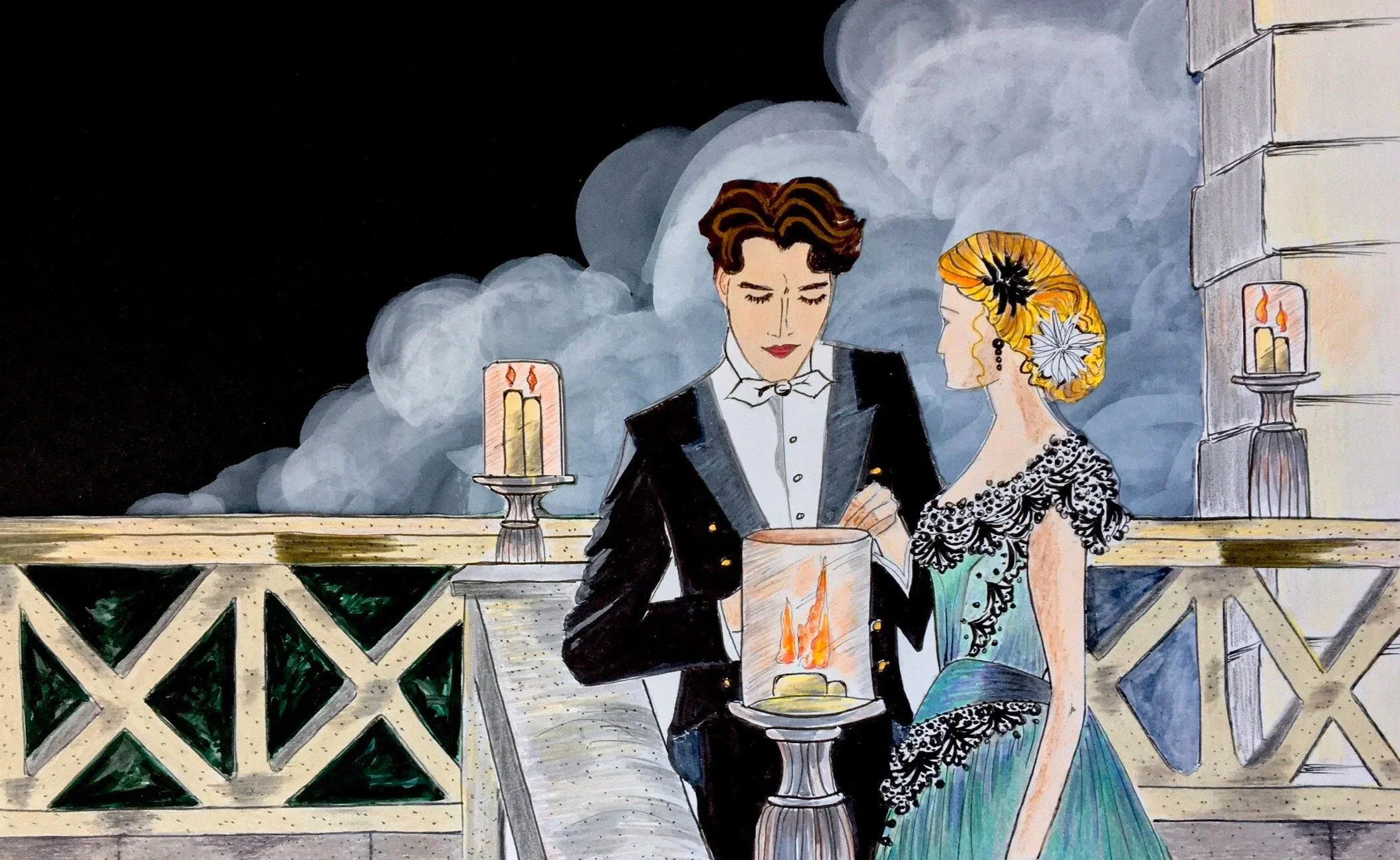 "Tell Me About Yourself, Señor Molins." Based on a scene in the original 2011-13 TV series "Gran Hotel" produced by Bambú Producciones. Gouache, watercolor, ink portrait by STUDIO AU GANT.