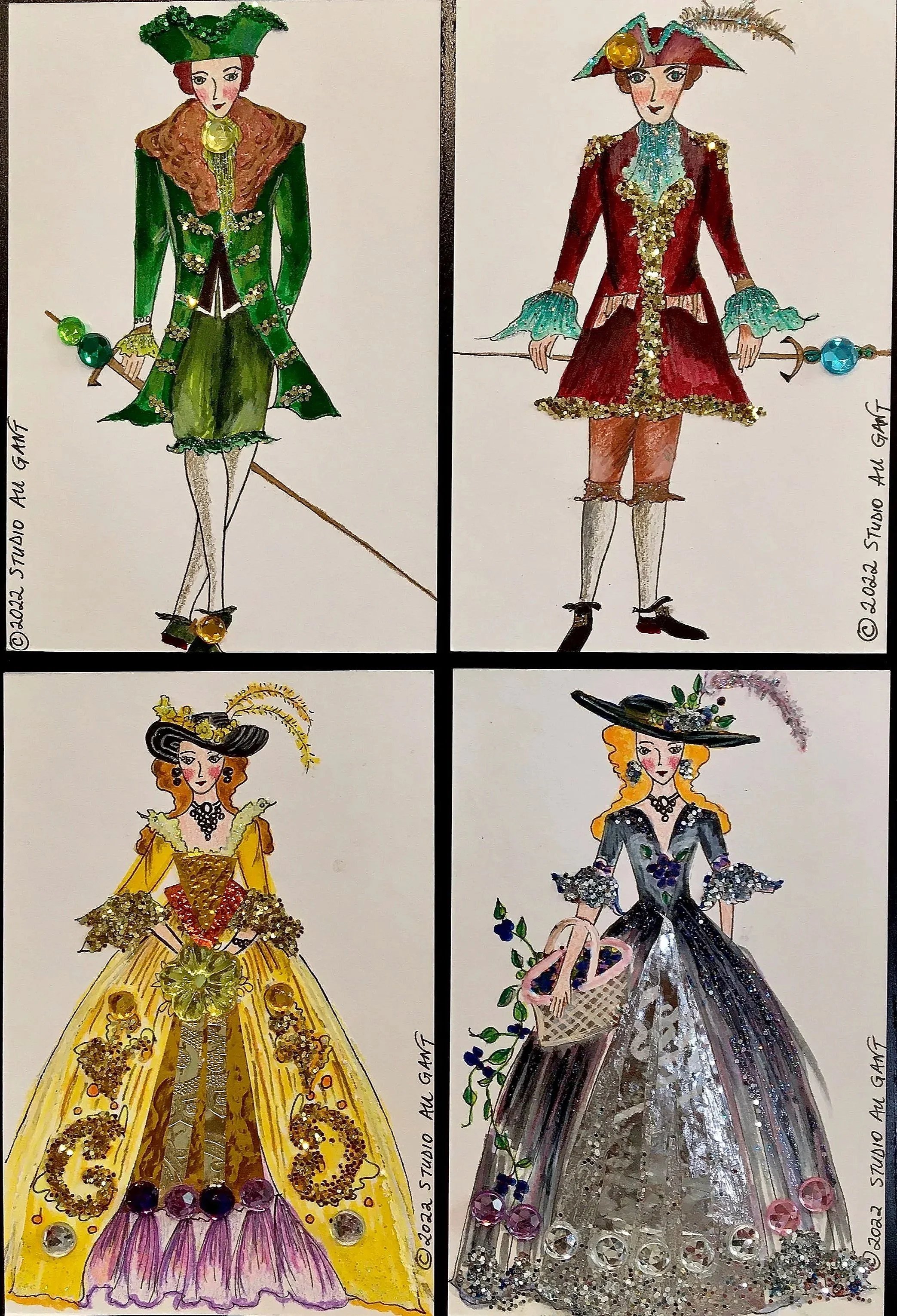   Set of 4 mixed-media (gouache, watercolor, marker, pen, foil paper, glitter, acrylic gems) handmade, hand-drawn postcards. Copyright © STUDIO AU GANT.  