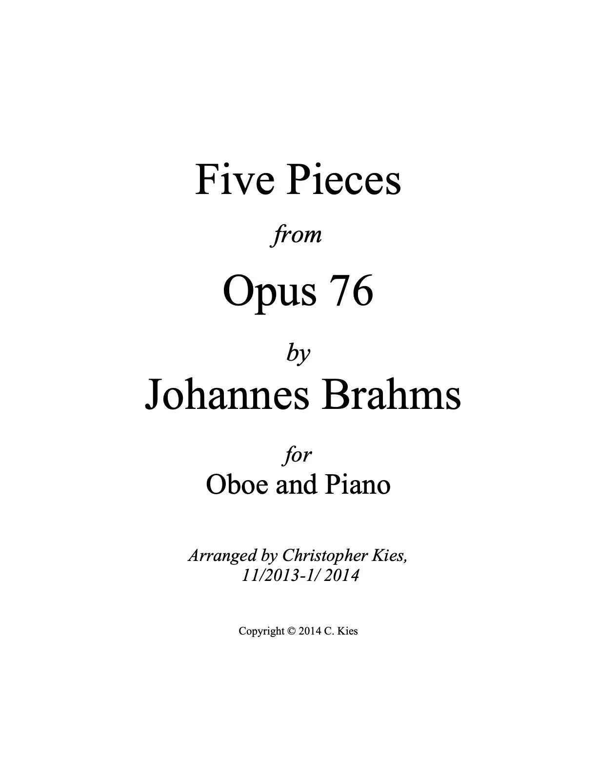 Five Pieces from Op. 76 by Brahms Arranged for Oboe and Piano