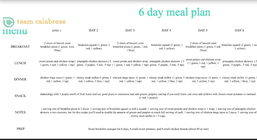 Team Calabrese LIIFT4 6 Day Meal Plan and Clean Eating Calendar.