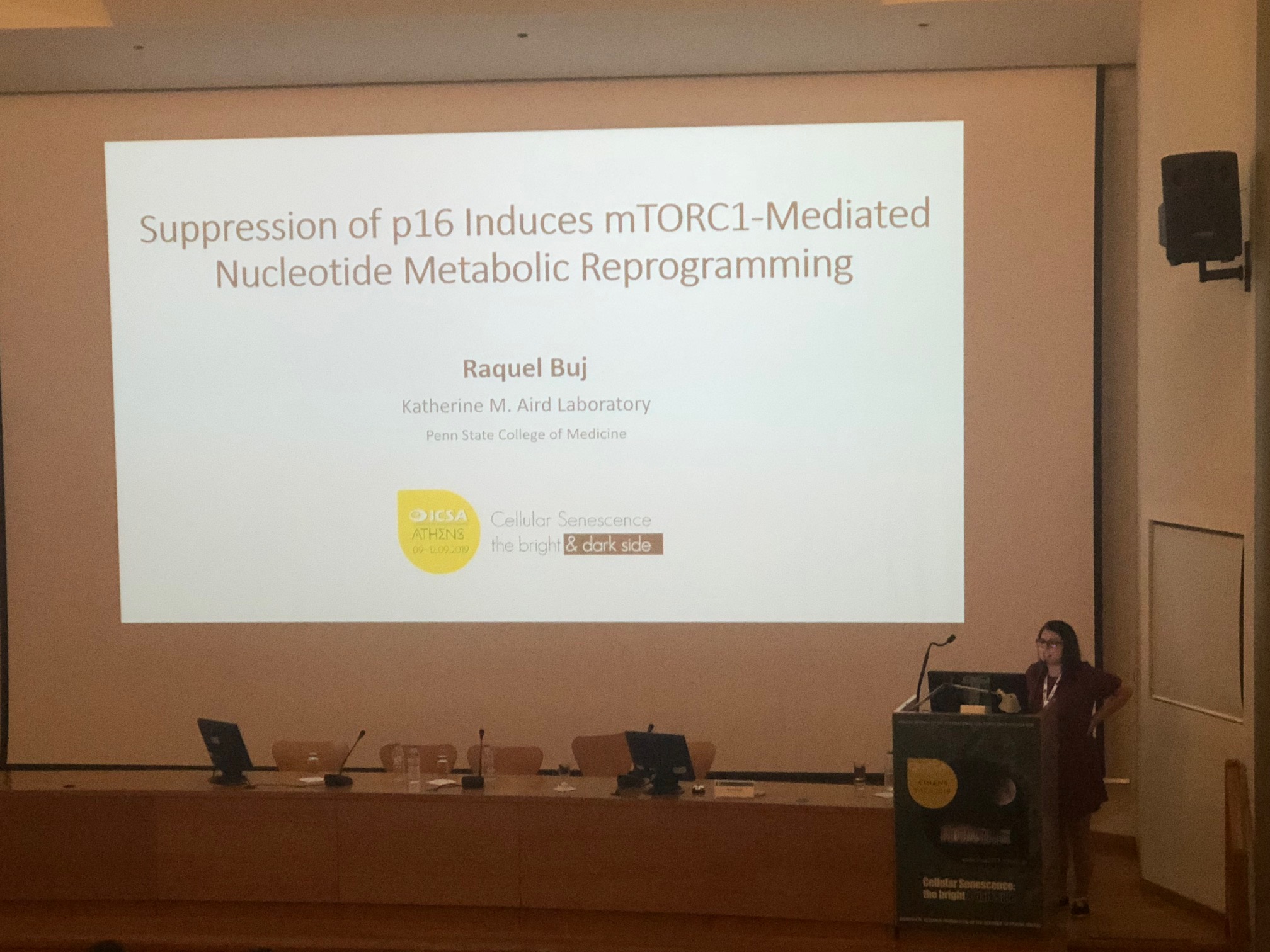 Raquel giving a talk on her recently published work on how p16 loss increases nucleotide metabolism to bypass senescence.