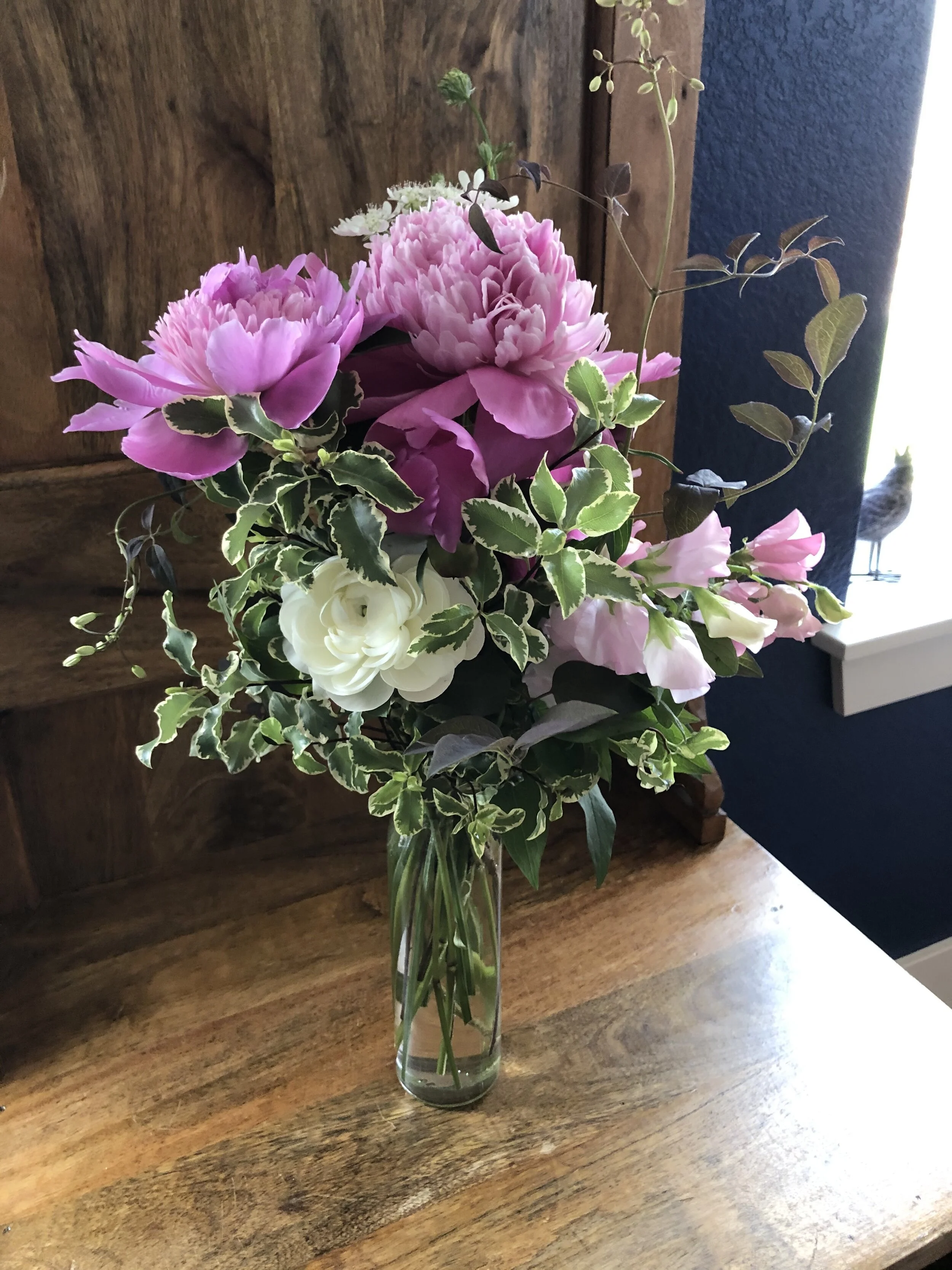 Stylish bouquet with spring locally grown peonies and creamy white flowers by Snowdrops & Sage