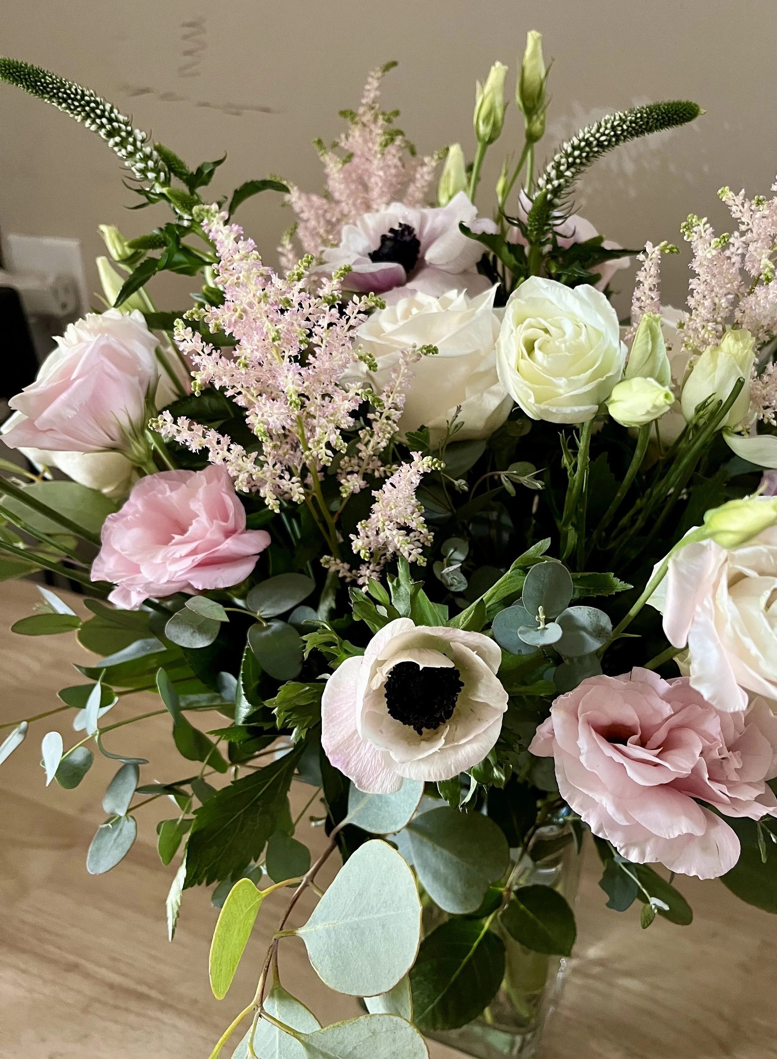 Pastel floral arrangement with pink and white flowers to celebrate arrival of baby girl by Snowdrops & Sage