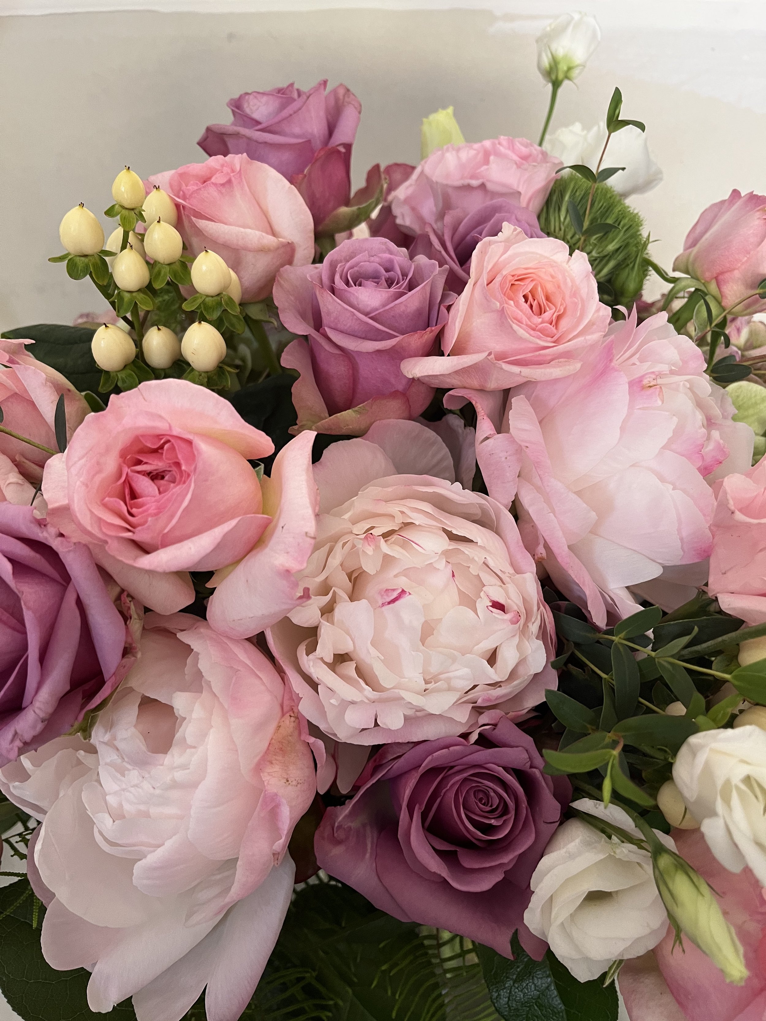 Lush, soft pink and lavender floral arrangement by Snowdrops & Sage