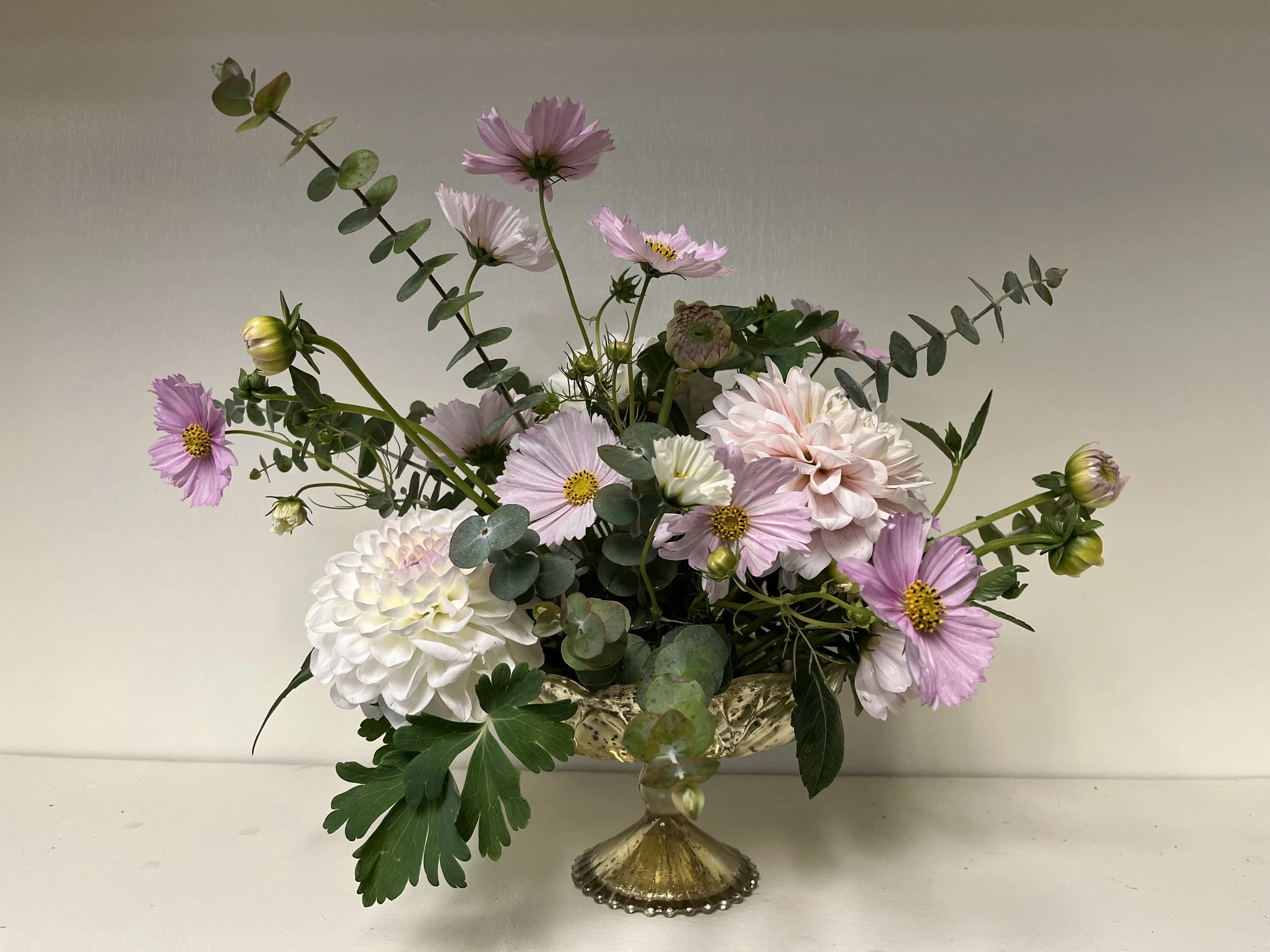 Pastel flower arrangement featuring dahlias and cosmos by Snowdrops & Sage in Arvada, CO