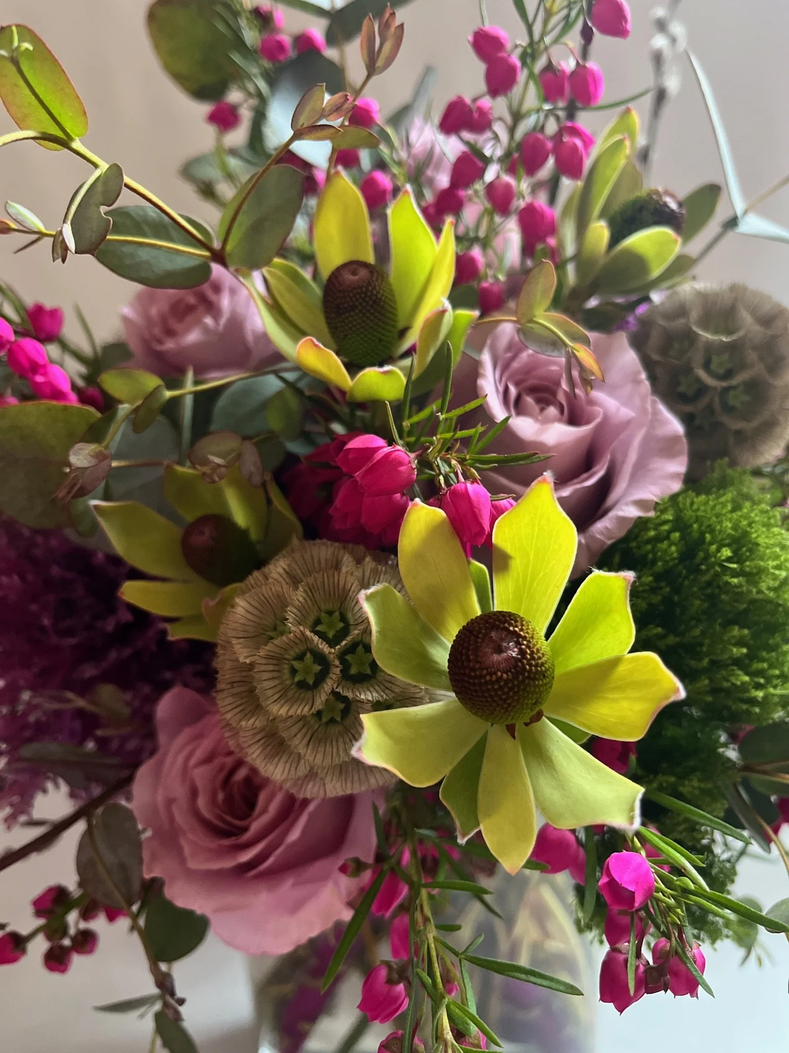 Unique Snowdrops and Sage flower arrangement with mixed textures and interesting blooms
