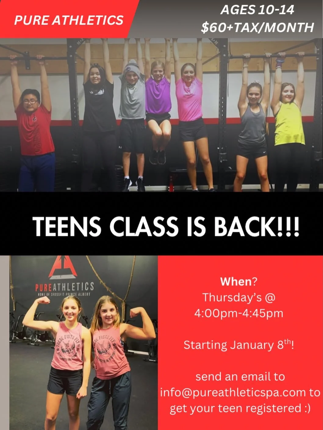 The wait is over🔥🔥🔥

We're excited to announce the return of our Teens Class! 

When: Thursday&rsquo;s @ 4pm, beginning January 8th, 2026

Cost: $60+tax per month

Email info@pureathleticspa.com to secure your teen's spot today😁

#pureathletics #