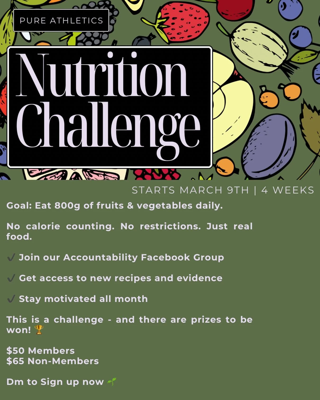 Ready to level up your nutrition without cutting carbs or counting every calorie? 👀

Our 800g Challenge starts March 9th &mdash; and it&rsquo;s all about one simple goal:

🥦 Eat 800 grams of fruits &amp; veggies every day.

That&rsquo;s it. No rest